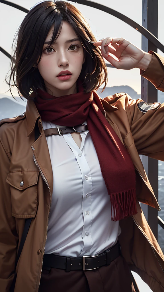 mastaerpiece,best quallity,1girl,(photorealistic:1.4),beautiful lighting,absurdres,outdoors,mikasa ackerman,shingeki no kyojin,1girl,bangs,belt,belt buckle,black eyes,black hair,brown belt,brown jacket,buckle,dress shirt,hair between eyes,jacket,long sleeves,medium hair,open clothes,open jacket,paradis military uniform,red scarf,scarf,shirt,solo,standing,straight hair,suspenders,white shirt,wing collar,RAW photo,film grain,(fighting stance:1.3),(snap photography:1.2),cold face,calm face,Poker face,(world-weary face:1.2),