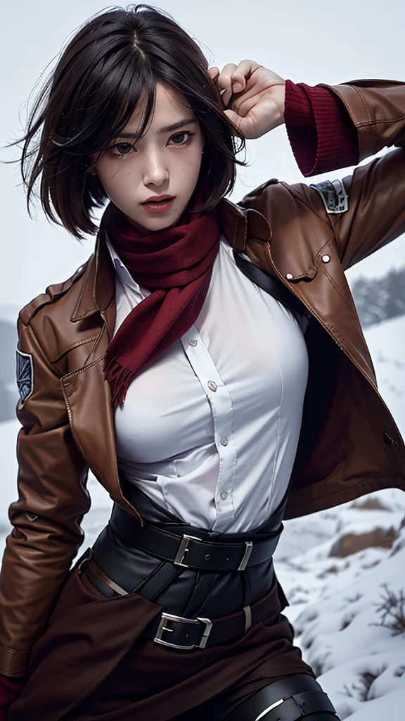 mastaerpiece,best quallity,1girl,(photorealistic:1.4),beautiful lighting,absurdres,outdoors,mikasa ackerman,shingeki no kyojin,1girl,bangs,belt,belt buckle,black eyes,black hair,brown belt,brown jacket,buckle,dress shirt,hair between eyes,jacket,long sleeves,medium hair,open clothes,open jacket,paradis military uniform,red scarf,scarf,shirt,solo,standing,straight hair,suspenders,white shirt,wing collar,RAW photo,film grain,(fighting stance:1.3),(snap photography:1.2),cold face,calm face,Poker face,(world-weary face:1.2),