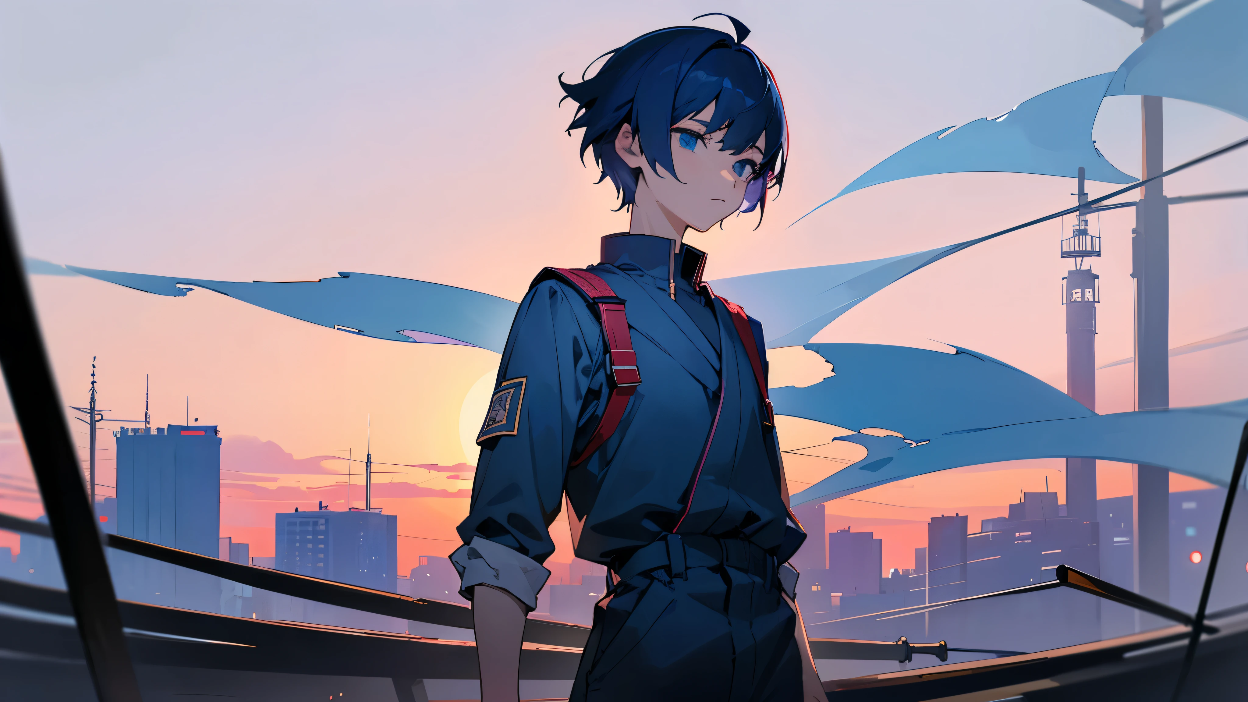 male、The background is the city of sunset、dark blue hair、blue eyes、short hair、have a knife、stand on a stick、look forward、Expressionless、student、上半身はstudent服、The lower body is wearing a jumpsuit、Show from the chest up