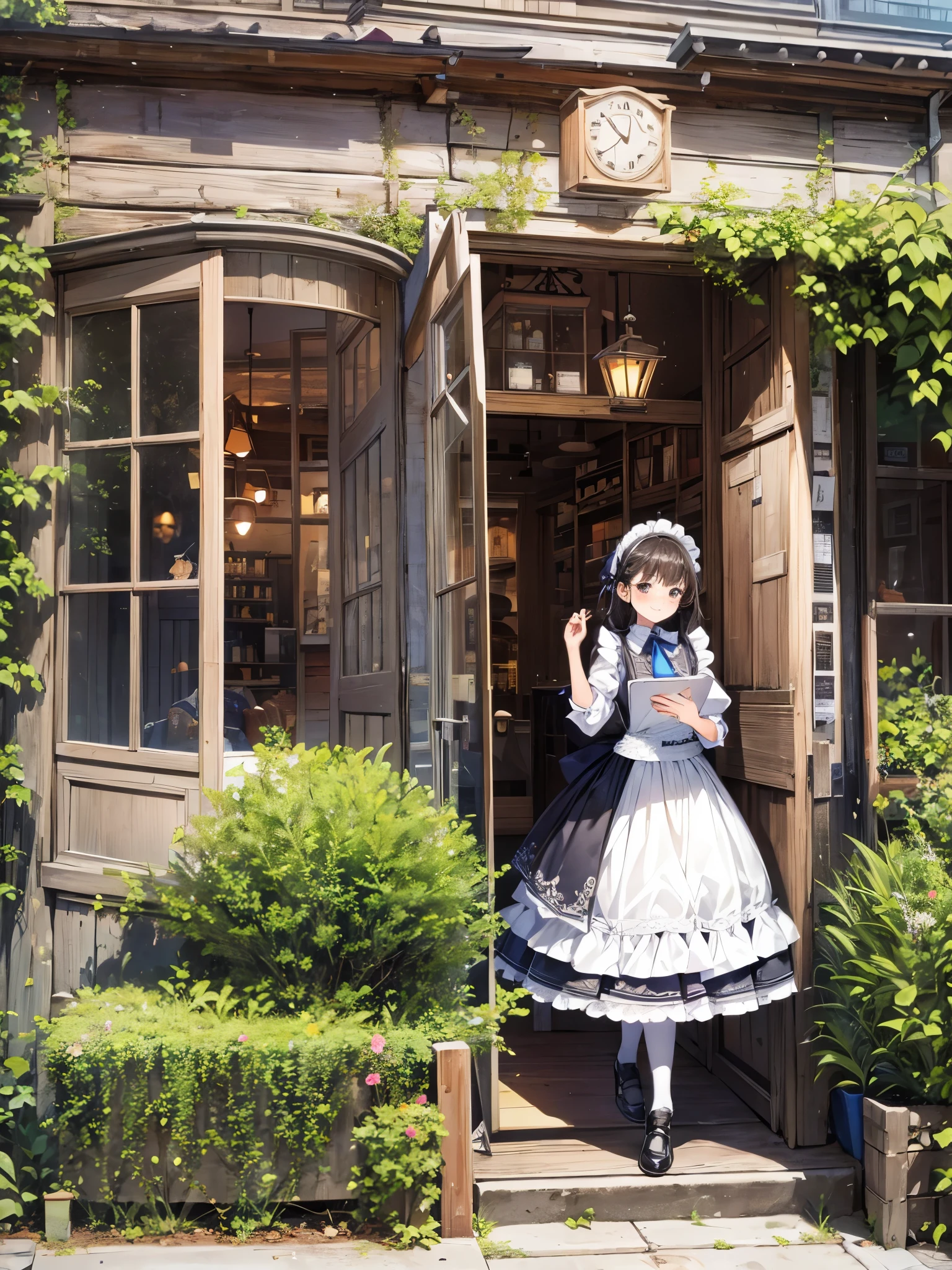 Victorian Maid Clothing:1.3,mini skirt、frills、smile、blush、20-year-old、C: Look inside the store from outside the window.、boutique、、In town、Bright day、Expression of sparkling light、Dancing petals、