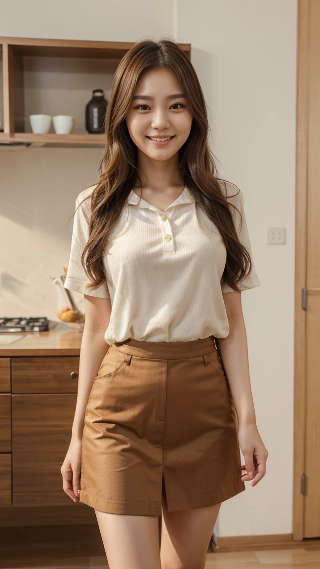 (best quality, 8k, detailed facial depiction, detailed eye description, brown hair (long wavy hair), beautiful Korean girl, 21 years old, slim body, medium chest size, standing right leg in front, smiling face, wearing modern clothes.) Inhaling the fresh morning air, Seo-Yeon was ready to face the new day with her characteristic enthusiasm and cheerfulness. Her smile illuminated the room, creating a positive aura that accompanied her every step on that day.