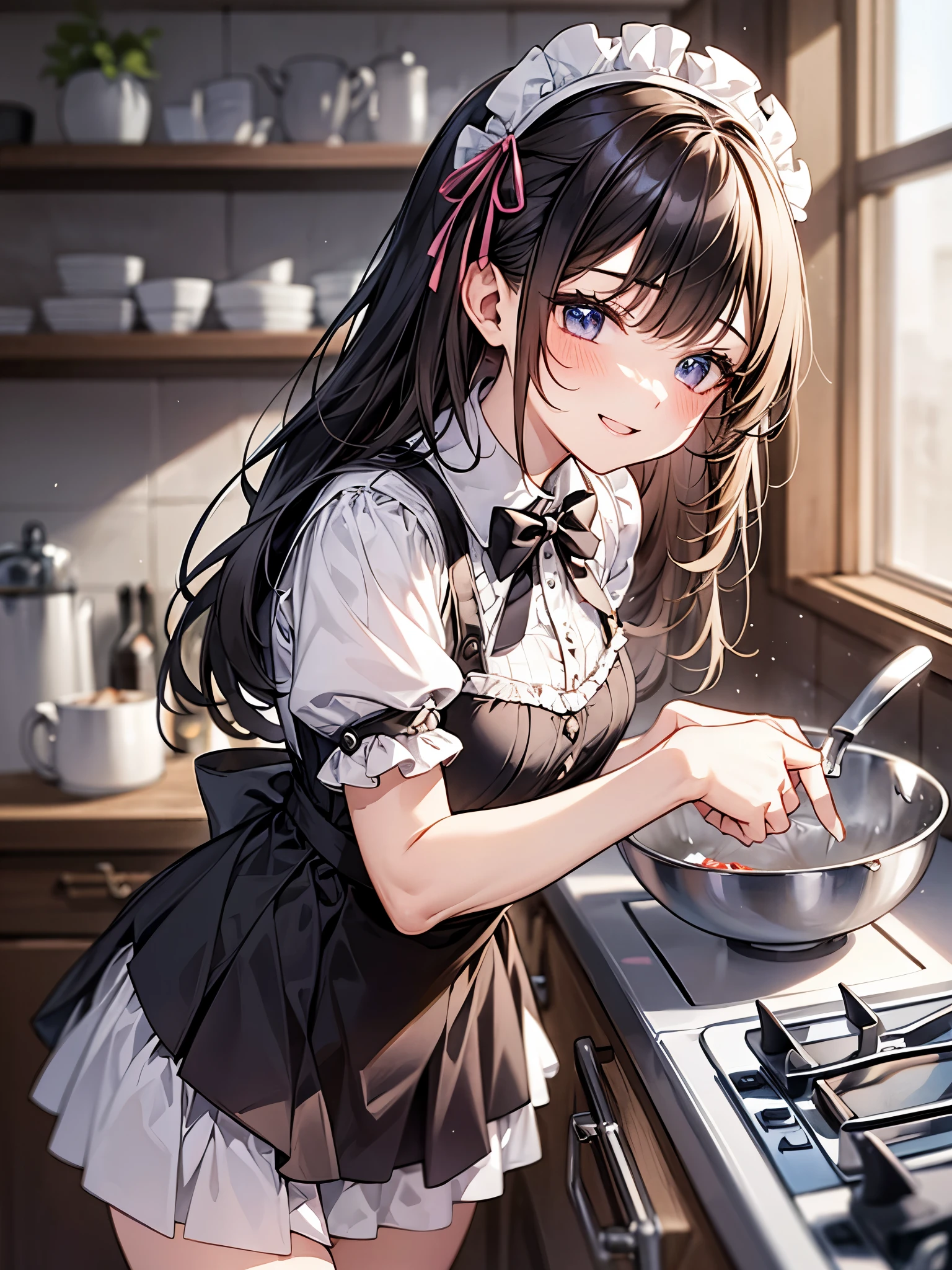 perfect human body、victorian maid costume cosplay:1.3,mini skirt、frills、smile、blush、20-year-old、Cooking in the kitchen of a cheap Japanese apartment、Bright day、Expression of sparkling light、Dancing petals、