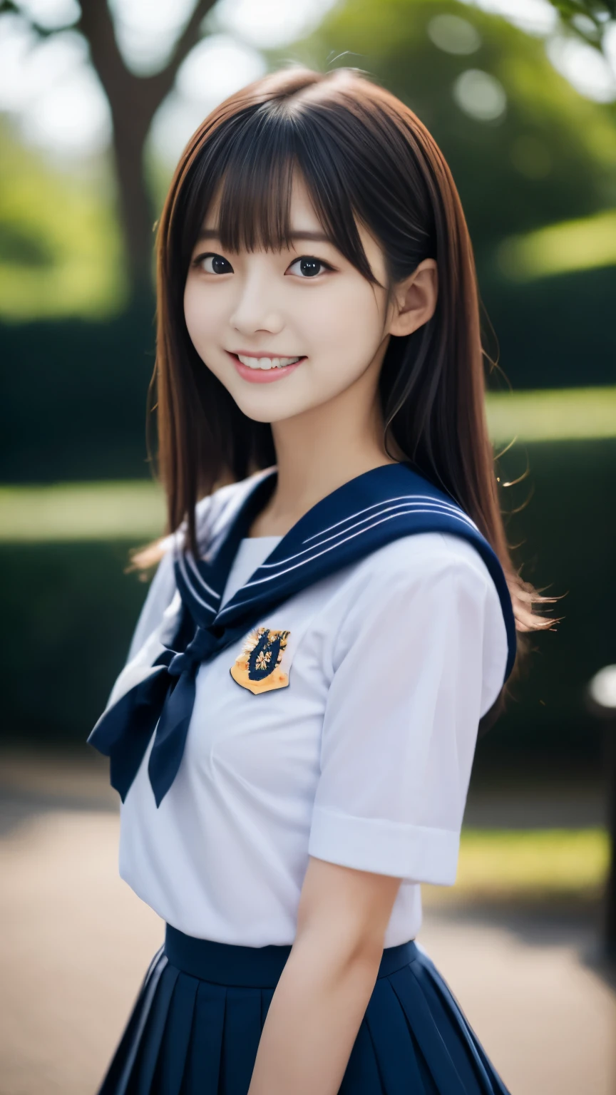 Close up of woman posing for photo,  The most beautiful Japanese model, 18-year-old female model,  4K、bangs、A dark-haired, slightly longer bob hair, Middle hair, Straight hair、(white  shirt, Sailor School Uniform, Dark blue pleated skirt:1.2),　(Super cute face in idol style:1.4), upper body, slim and beautiful figure, sexy, beautiful breast, A smile, The background is an empty park, (RAW photo, best quality, masterpiece, ultra detailed, ultra high res, realistic), 