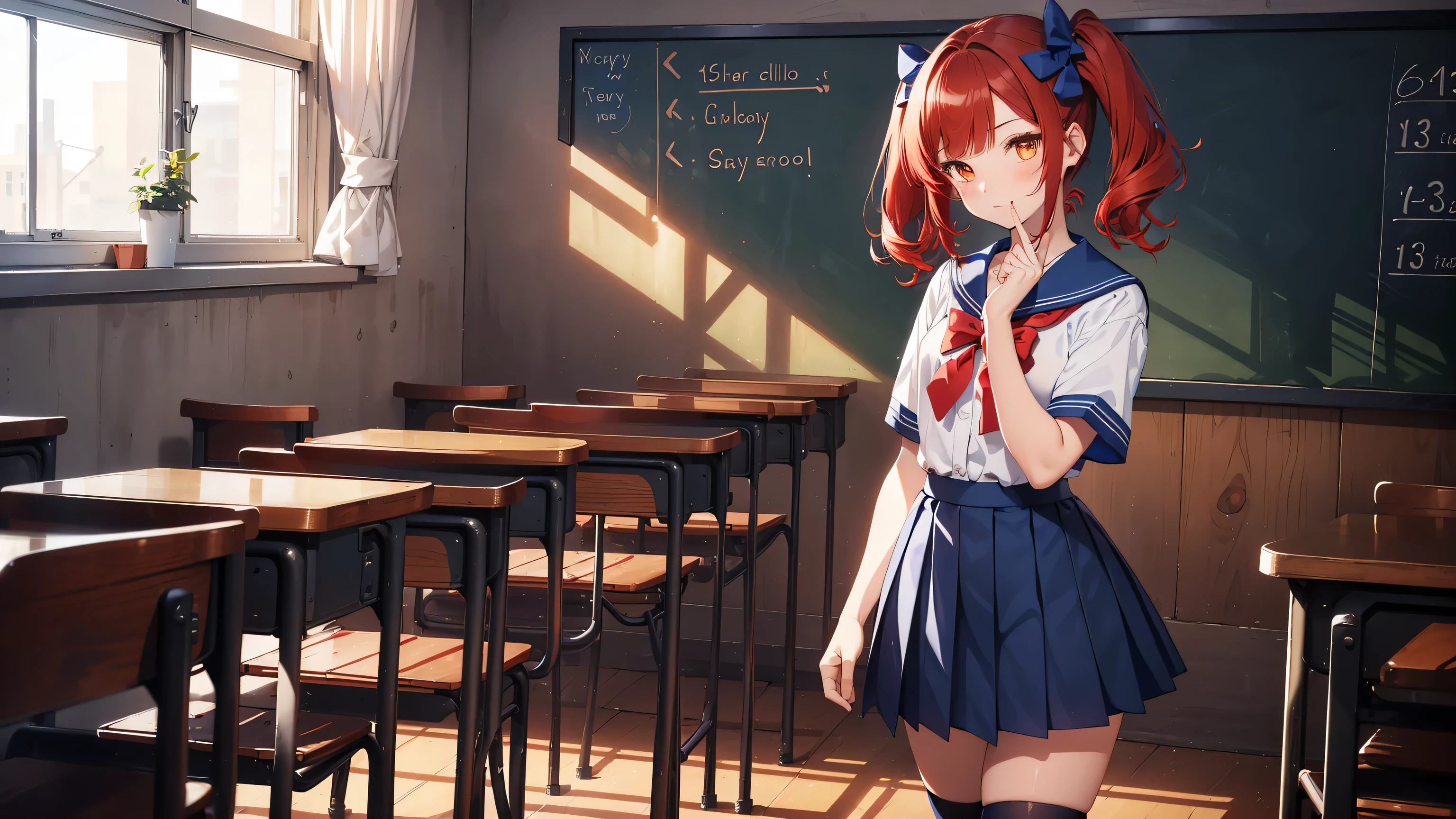 ((Calidad superior, ultra detallado, high resolution, CG extremadamente detallado, fondo de pantalla de unidad 8k, por artista famoso, perfect anatomy, super detailed skin, cinematic lighting, HD, retina, anatomically correct, 1080P)), (Por favor, draw a single happy girl walking in a school classroom. :1.3), ((1 chica)), (Solo, rostro,13歳:2.0), un estudiante de secundaria, Androgynous Amulet, (pelo medio, ((pelo rojo completo)) ((pelirrojo)), coletas, flequillo recto, with a little bow in her hair) Extremidades completas, dedos completos, ((Dedos perfectos)), pecho plano, Cuerpo , Small rear, ingle, Hermosos ojos llenos de oro amarillo detallados., ojos perfectos, uniforme escolar marinero blanco y azul ((la blusa es blanca, la falda es azul, lazo rojo en la blusa, Cuello marinero azul, mangas cortas:)) (Detailed lighting), (antecedentes detallados), (en la zona escolar), vista de cuerpo completo, de pie, piernas, zapatos uwabaki. lindo, chica soltera kawaii (una chica), Toma de cuerpo completo. El fondo es la escuela., cuerpo delantero, I want to see her walking and see her in a vista de cuerpo completo, Medias negras hasta la rodilla, ((mano izquierda arriba, mano derecha abajo))