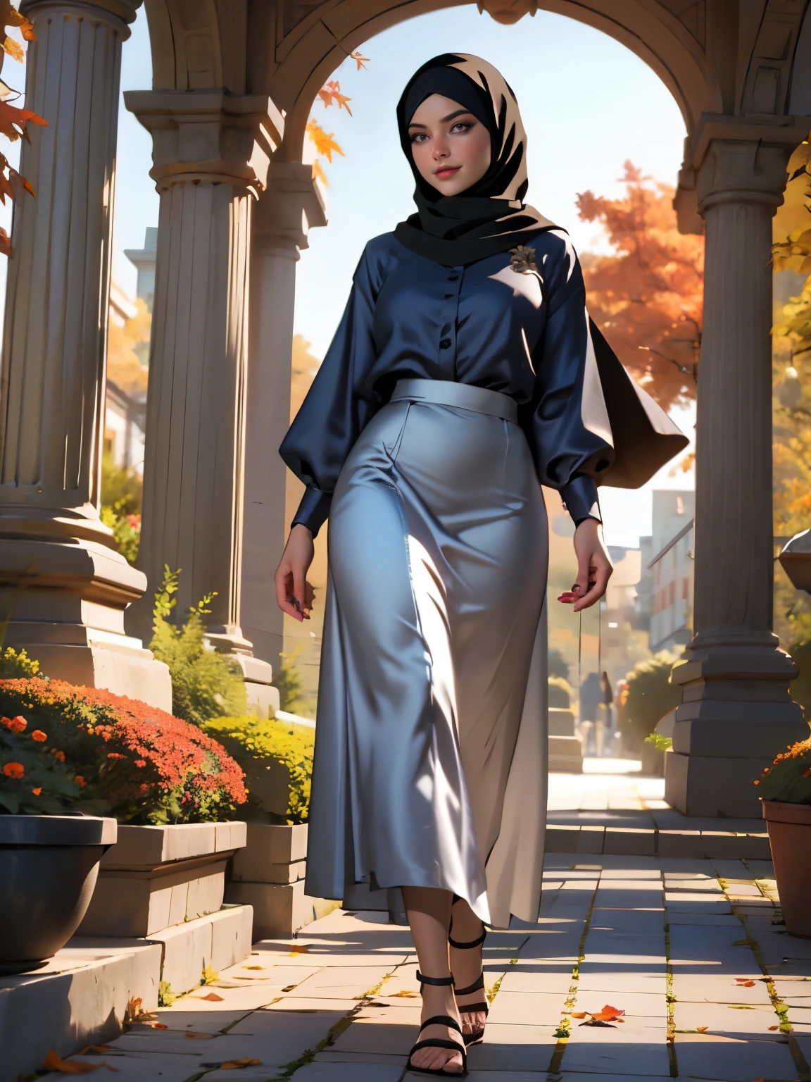 3dmm style, Masterpiece, realistic, best quality, best lighting, beautiful mature Czech woman, 1 girl photo solo, beautifully makeup, eyeshadow, Parted Lips, Detailed Eyes, Big eyes, brown eyes, long eye lashes, dimples on the cheeks, smile, wearing ((Dark blue satin hijab)), loosely tide hijab style, ((gray satin shirt and satin long skirt)), (Half-body portrait), Front view, Symmetric Centre, facing the viewer, walking on trails autumn garden.
