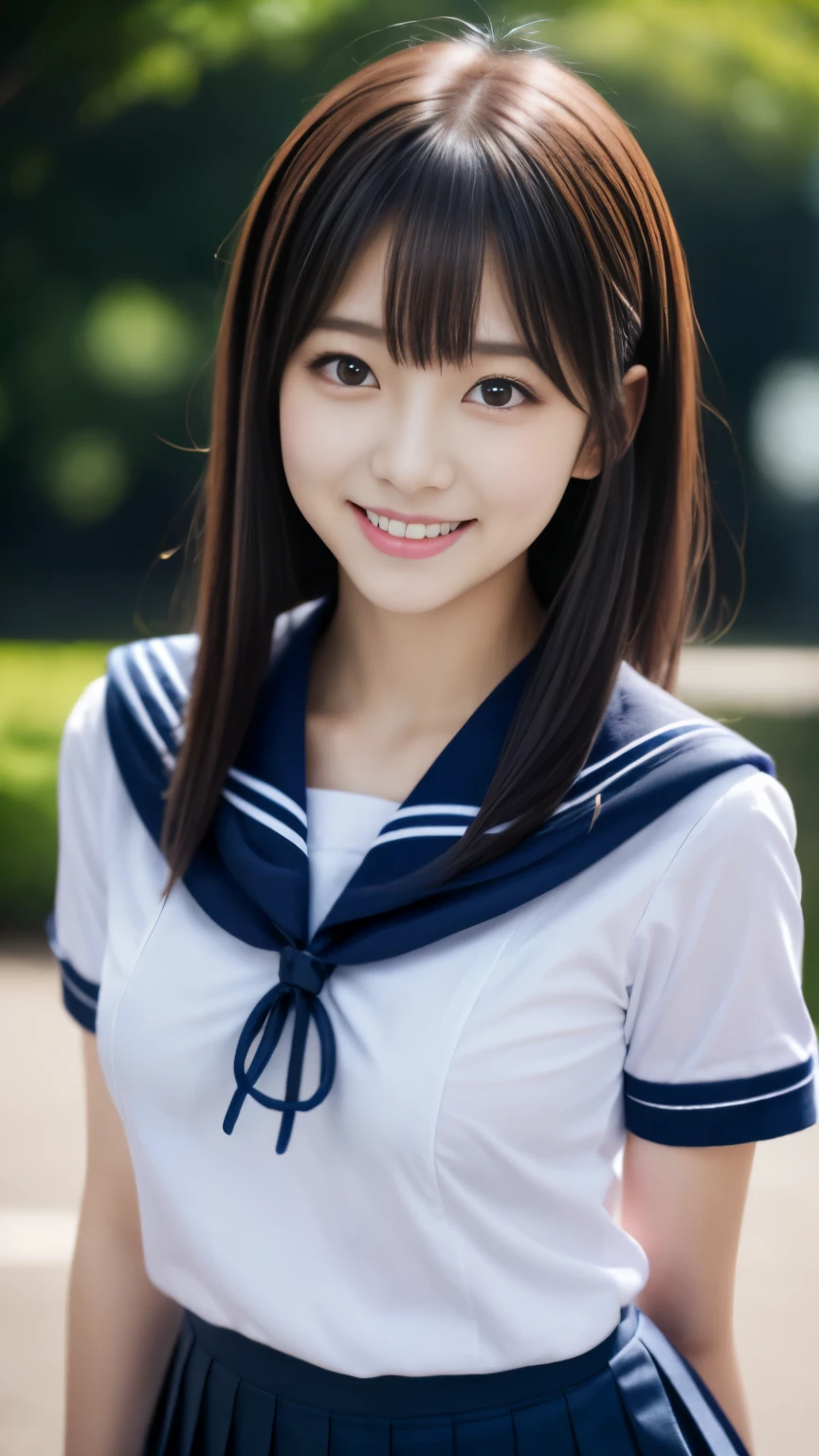 Close up of woman posing for photo,  The most beautiful Japanese model, 18-year-old female model,  4K、bangs、A dark-haired, slightly longer bob hair, Middle hair, Straight hair、(white  shirt, Sailor School Uniform, Dark blue pleated skirt:1.2),　(Super cute face in idol style:1.4), upper body, slim and beautiful figure, sexy, beautiful breast, A smile, The background is an empty park, (RAW photo, best quality, masterpiece, ultra detailed, ultra high res, realistic), 