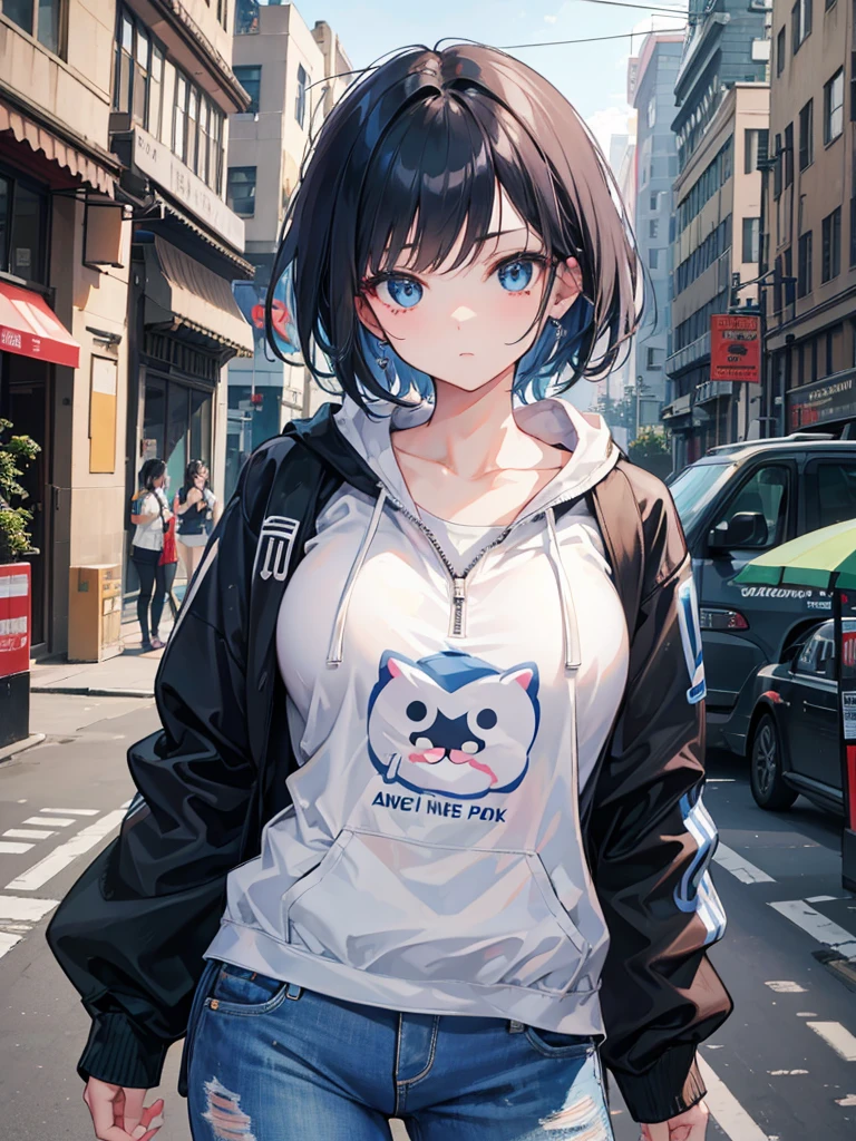 Ultra High quality image ,8kanime image ,full body image , down view point shot the girl giving pose for picture in the road and in background large tall buildings like New York , cute detailed face Anime girl with white tshirt,short denim jeans , wearing a oversized zip open  jacket  walking through the street . Cold attitude Cute blue eyes ,short black hair with blue colour details , cute detailed face. 