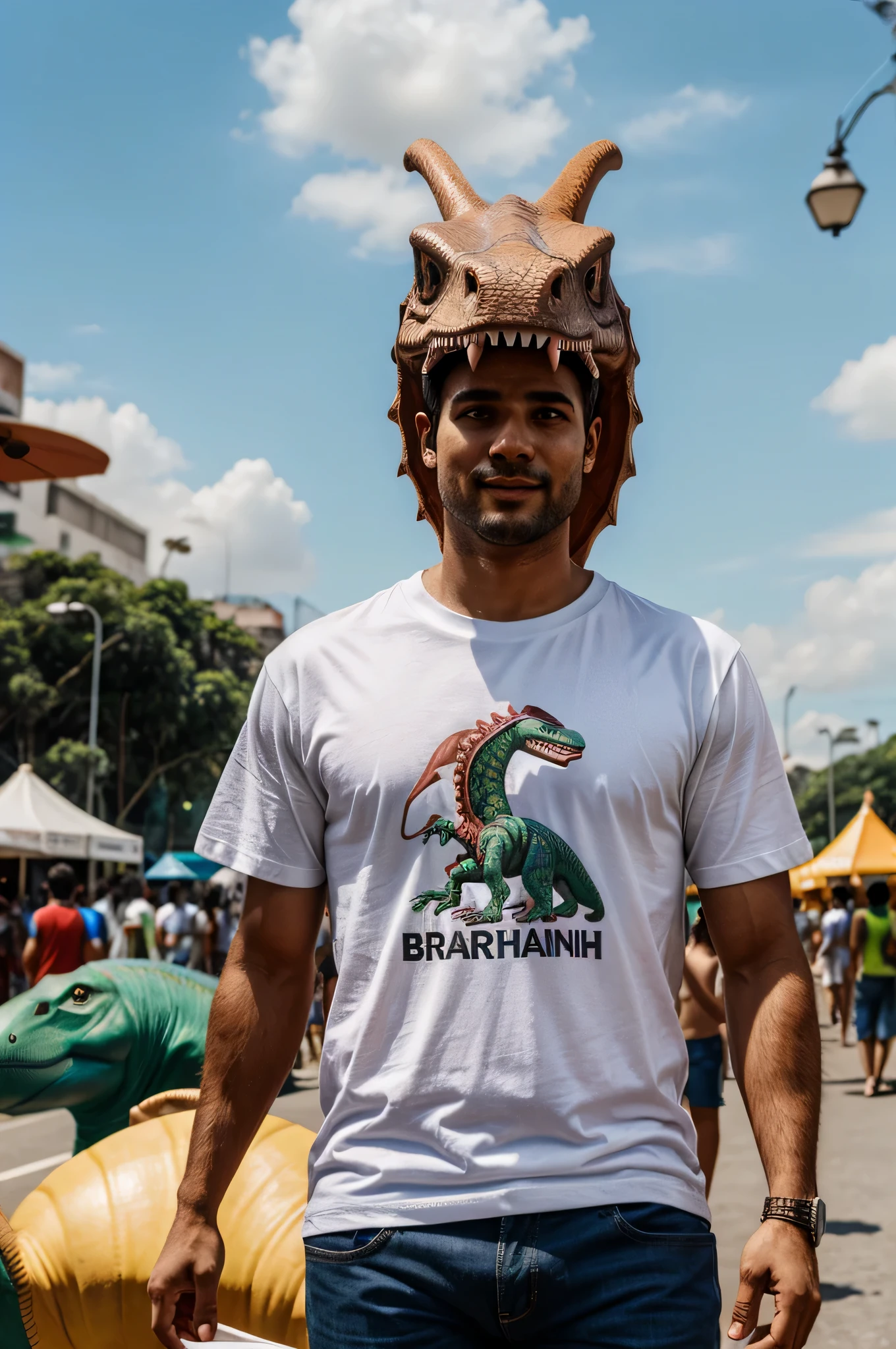 A person dressed as a dinosaur head in a carnival scene in Brazil and wearing a white T-shirt. Hyperrealistic image.