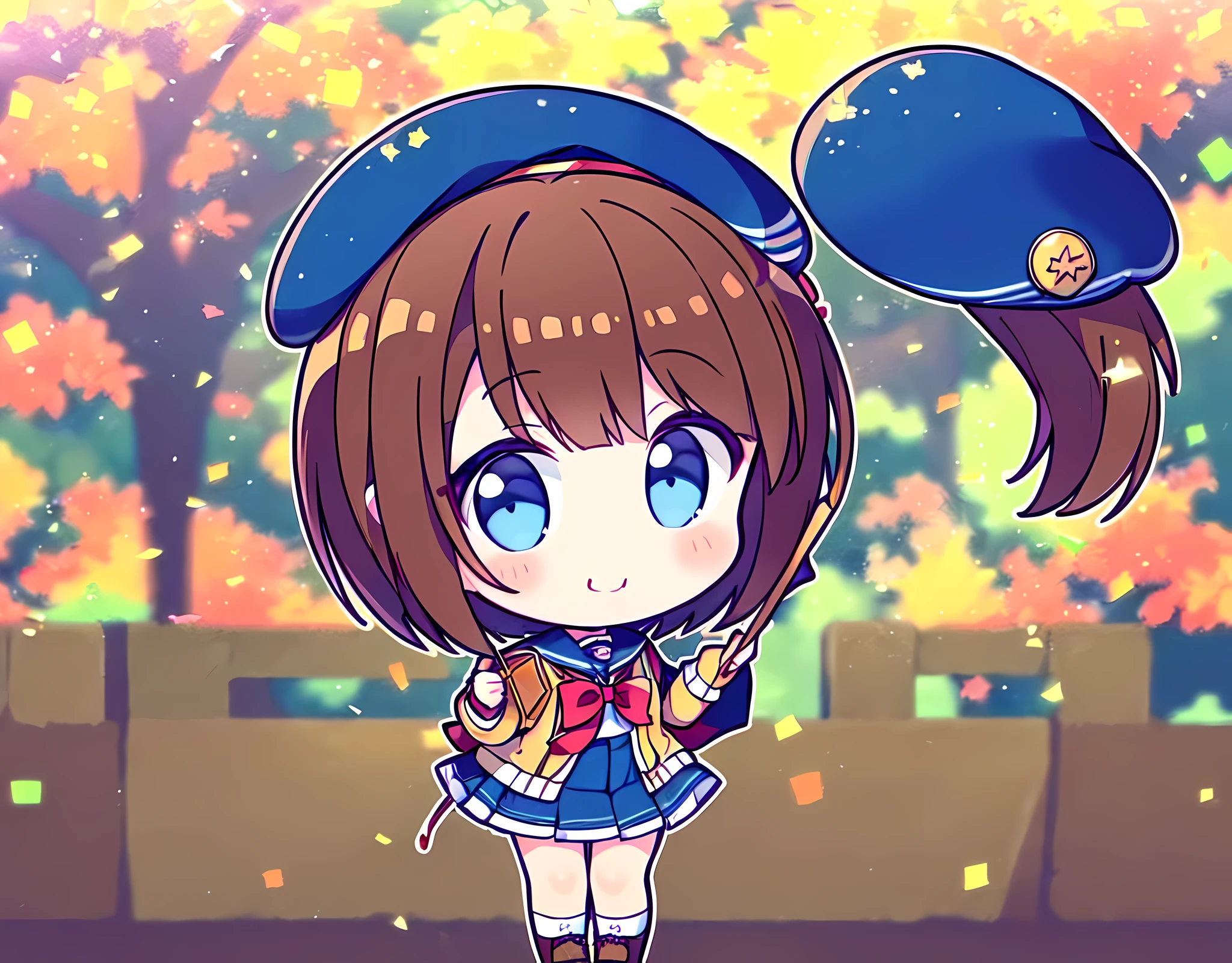 ((masterpiece), (highest quality)), ((((alone)))), (((full body display))),(((looking at the viewer))) ,brown hair, (((short cut hair))), (((beret))), (((high ))), beautiful girl, Happy, smile, dynamic angle,(((modern clothes))),blue eyes,autumn,momiji,Eat udon noodles