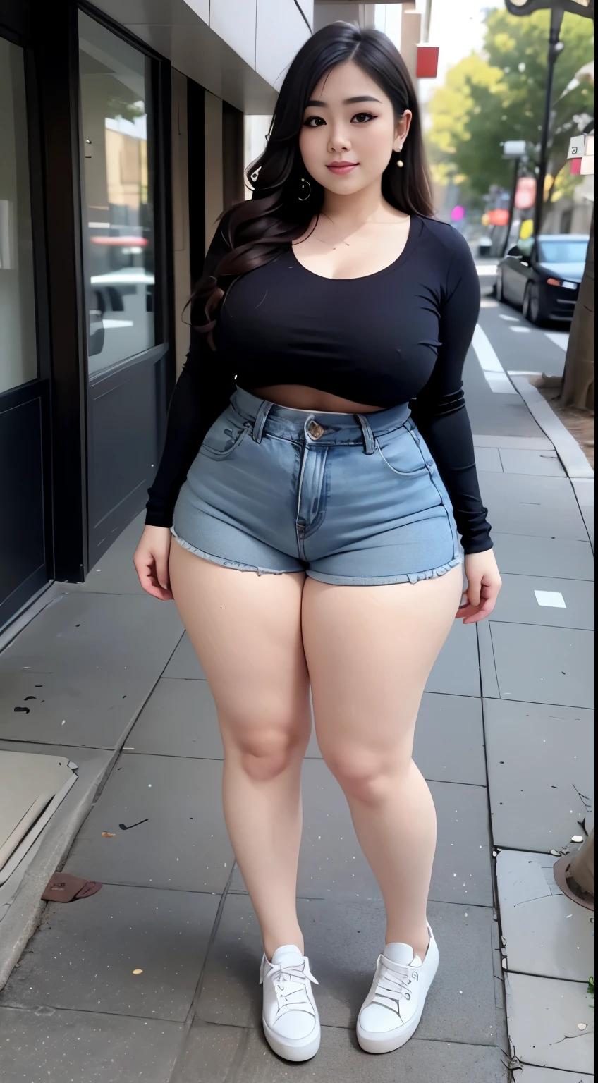((best quality)), ((masterpiece)), (detailed), perfect face, a woman in a black top and short thight jeans random posing for a picture, bbwchan, thick body, thicc, she has a jiggly fat round belly, korean girl, curvy model, beautiful thick female, thick, heonhwa choe, widest hips, skinny waist and thick hips, alluring plus sized model, thick thighs, nene tanaka body, nene tanaka face. Bbwchan, full body wide view, wearing a red sneaker