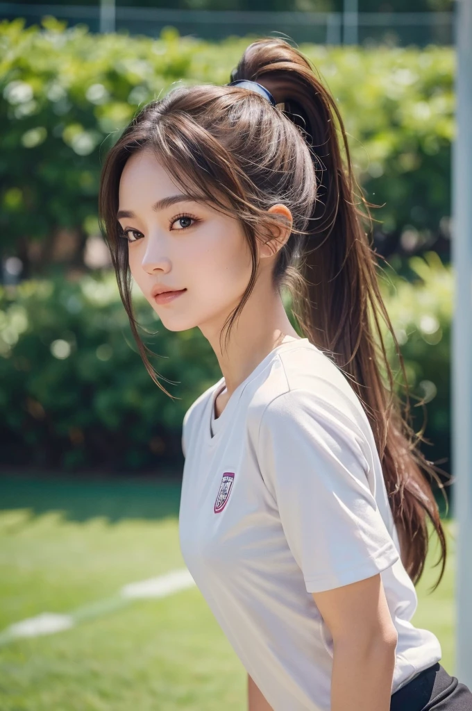 ((Best quality, 8k, Masterpiece :1.3)), 1girl,Athletic field, Pretty woman with slender, Long Hair,High Ponytail,Brown Hair,Half Smile, gym uniform, gym shirts, white t-shirts, buruma,Ultra-detailed face,Leaning Forward, cute eyes, Double eyelid,Full Body Shot,From Side