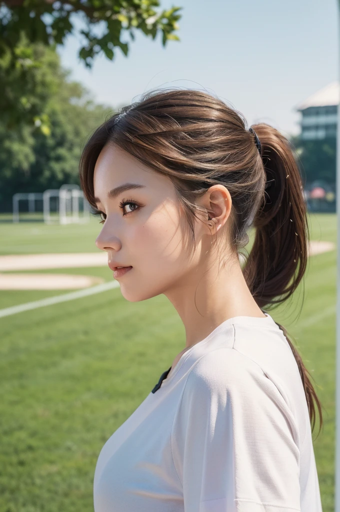 ((Best quality, 8k, Masterpiece :1.3)), 1girl,Athletic field, Pretty woman with slender, Long Hair,High Ponytail,Brown Hair,Half Smile, gym uniform, gym shirts, white t-shirts, buruma,Ultra-detailed face,Leaning Forward, cute eyes, Double eyelid,Full Body Shot,From Side