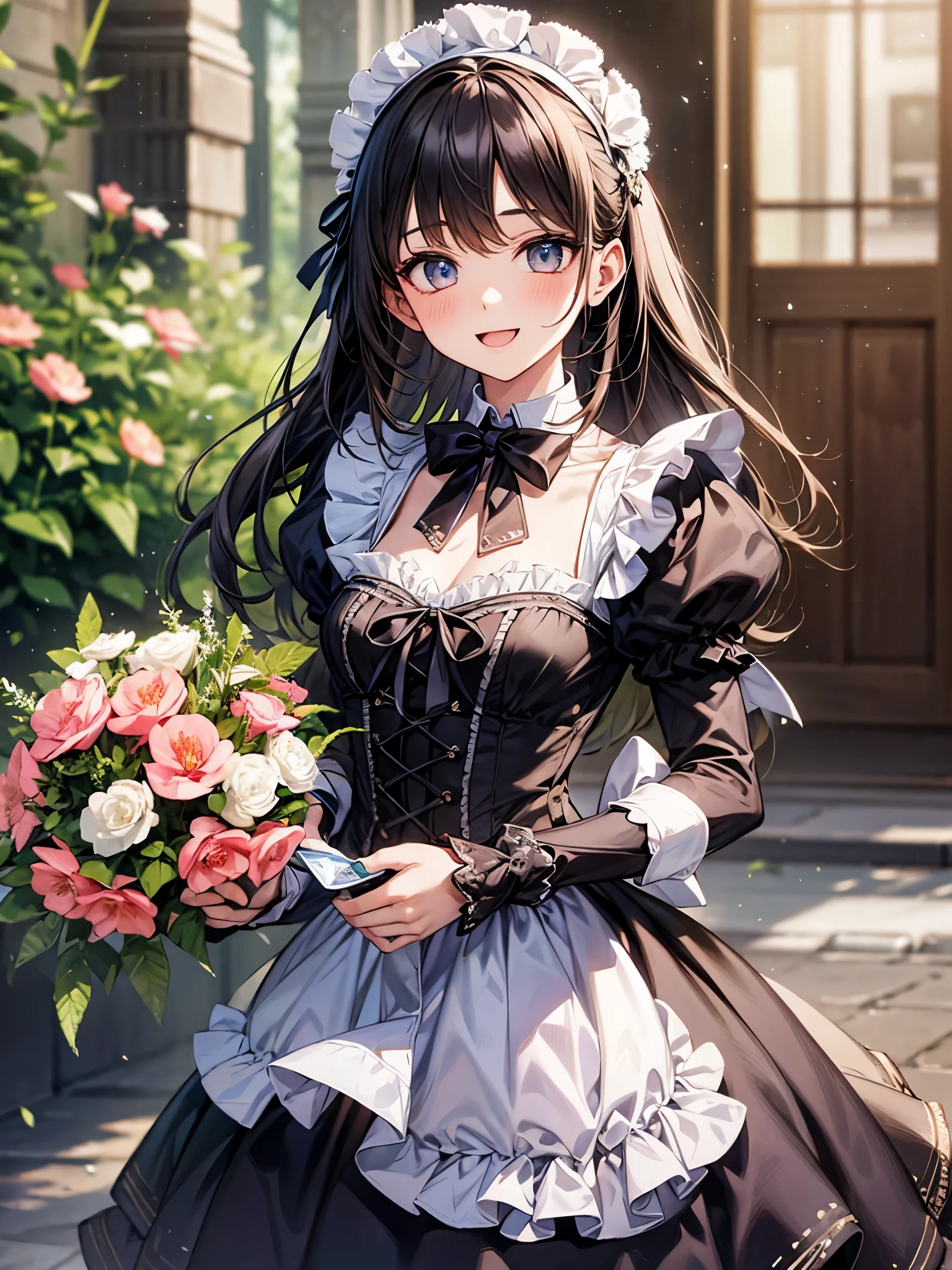 Close-up、Below's view:1.3,blur the background、perfect human body、one girl、victorian maid costume cosplay:1.3,mini skirt、frills、smile、blush、Flower garden,pick flowers:1.3、bouquet、Bright day、、full of energy