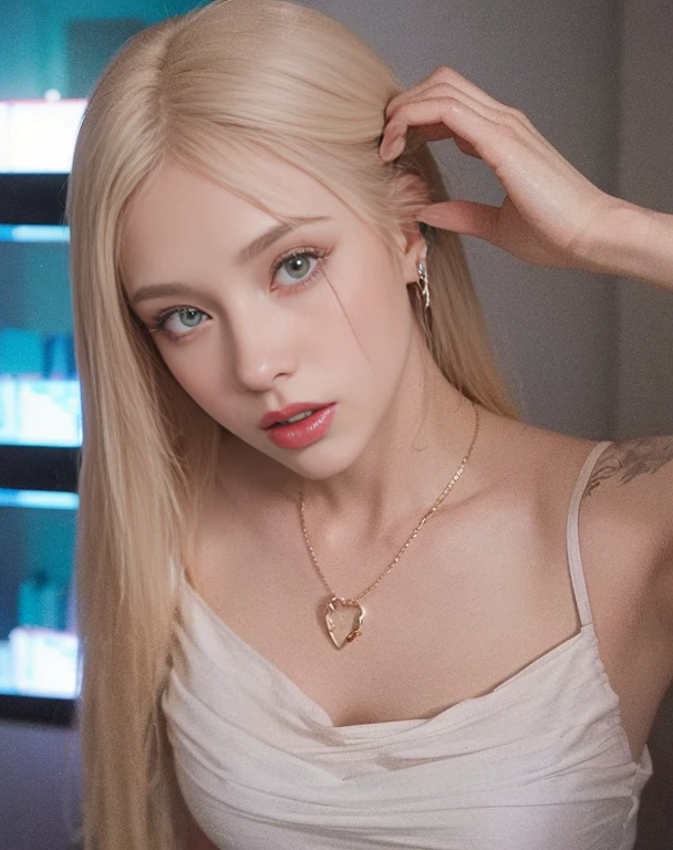 beautiful college student girl,obra de arte,maquiagem leve,Red lips,cabelo prateado,messy long hair,fundo de rua,Lindo,grace。detalhes super finos,trabalhar,Authentic texture,Realistic film lighting,perfect trabalhar,8k,High definition,Exquisite facial features,Top branco de gola alta magra,Shorts skinny brancos,Figura esbelta,grandes olhos brilhantes,,Brinco,colar,Tattoos are
