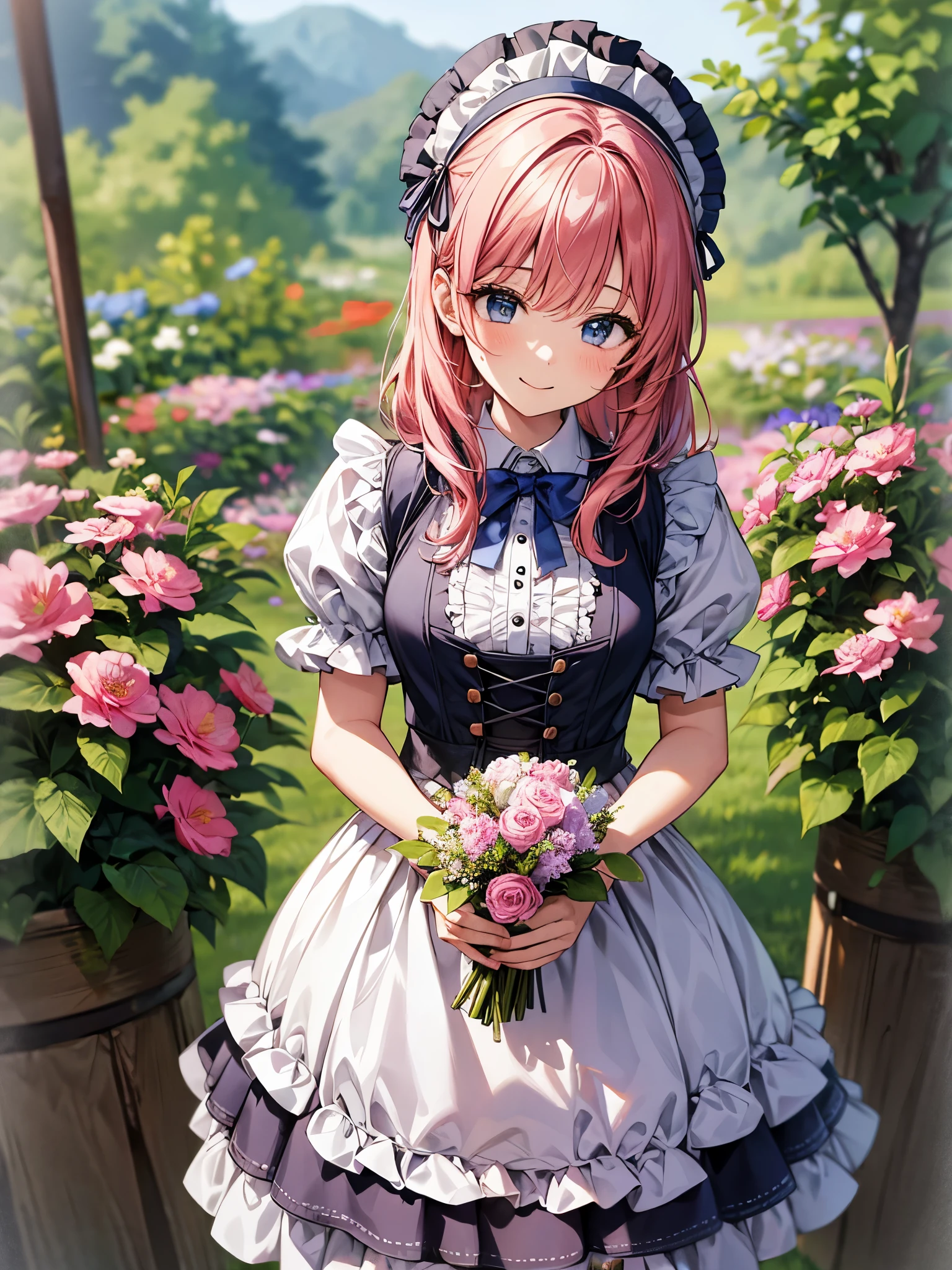 Close-up、Below's view:1.3,blur the background、perfect human body、one girl、victorian maid costume cosplay:1.3,mini skirt、frills、smile、blush、Flower garden,pick flowers:1.3、bouquet、Bright day、full of energy、blonde、pink hair、blue hair、red hair、