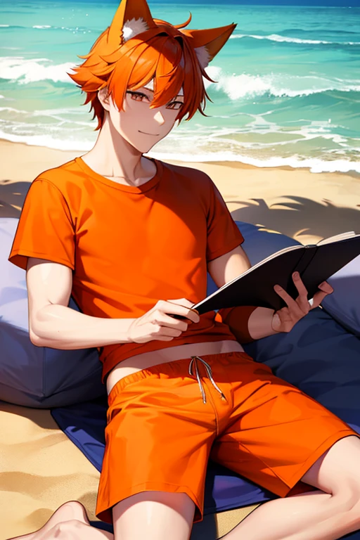 An orange haired man with orange eyes and orange fox ears and an orange fox tail is reading on the beach in a t-shirt and swim trunks