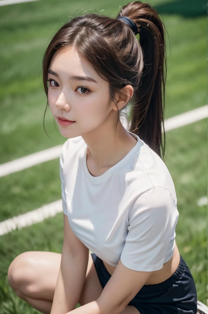 ((Best quality, 8k, Masterpiece :1.3)), 1girl,Athletic field, Pretty woman with slender, Long Hair,High Ponytail,Brown Hair,Half Smile, gym uniform, gym shirts, white t-shirts, buruma,Ultra-detailed face,Leaning Forward, cute eyes, Double eyelid,Full Body Shot,From Above