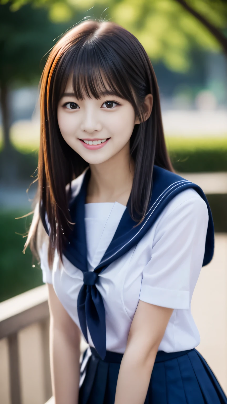 Close up of woman posing for photo,  The most beautiful Japanese model, 17-year-old female model,  4K、bangs、A dark-haired, slightly longer bob hair, Middle hair, Straight hair、(white  shirt, Sailor School Uniform, Dark blue pleated skirt:1.2),　(Super cute face in idol style:1.4), upper body, slim and beautiful figure, sexy, beautiful breast, A smile, The background is an empty park, (RAW photo, best quality, masterpiece, ultra detailed, ultra high res, realistic), 