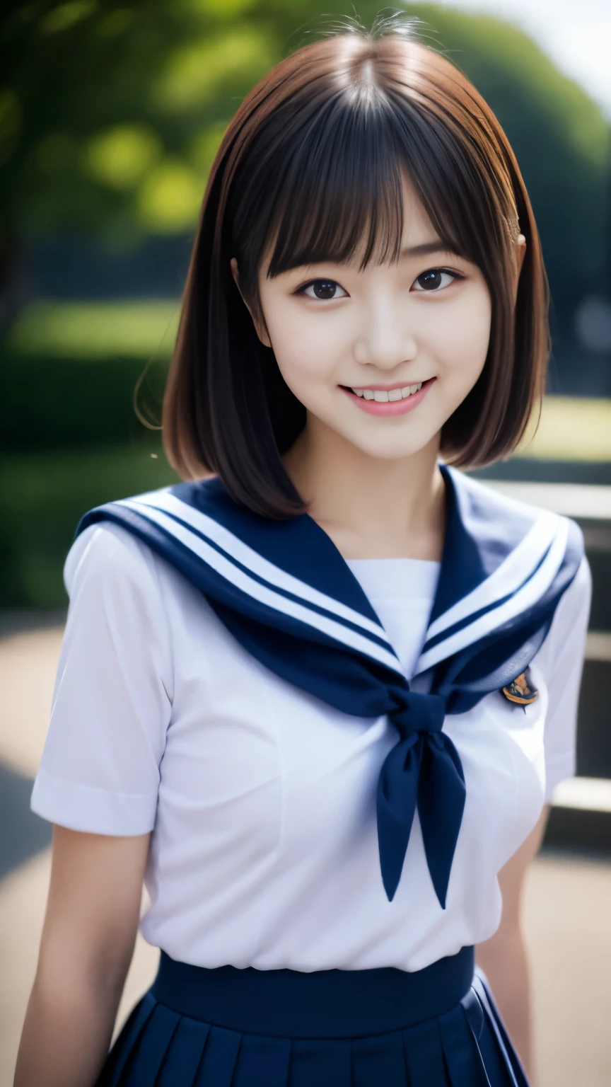 Close up of woman posing for photo,  The most beautiful Japanese model, 17-year-old female model,  4K、bangs、A dark-haired, slightly longer bob hair, Middle hair, Straight hair、(white  shirt, Sailor School Uniform, Dark blue pleated skirt:1.2),　(Super cute face in idol style:1.4), upper body, slim and beautiful figure, sexy, beautiful breast, A smile, The background is an empty park, (RAW photo, best quality, masterpiece, ultra detailed, ultra high res, realistic), 