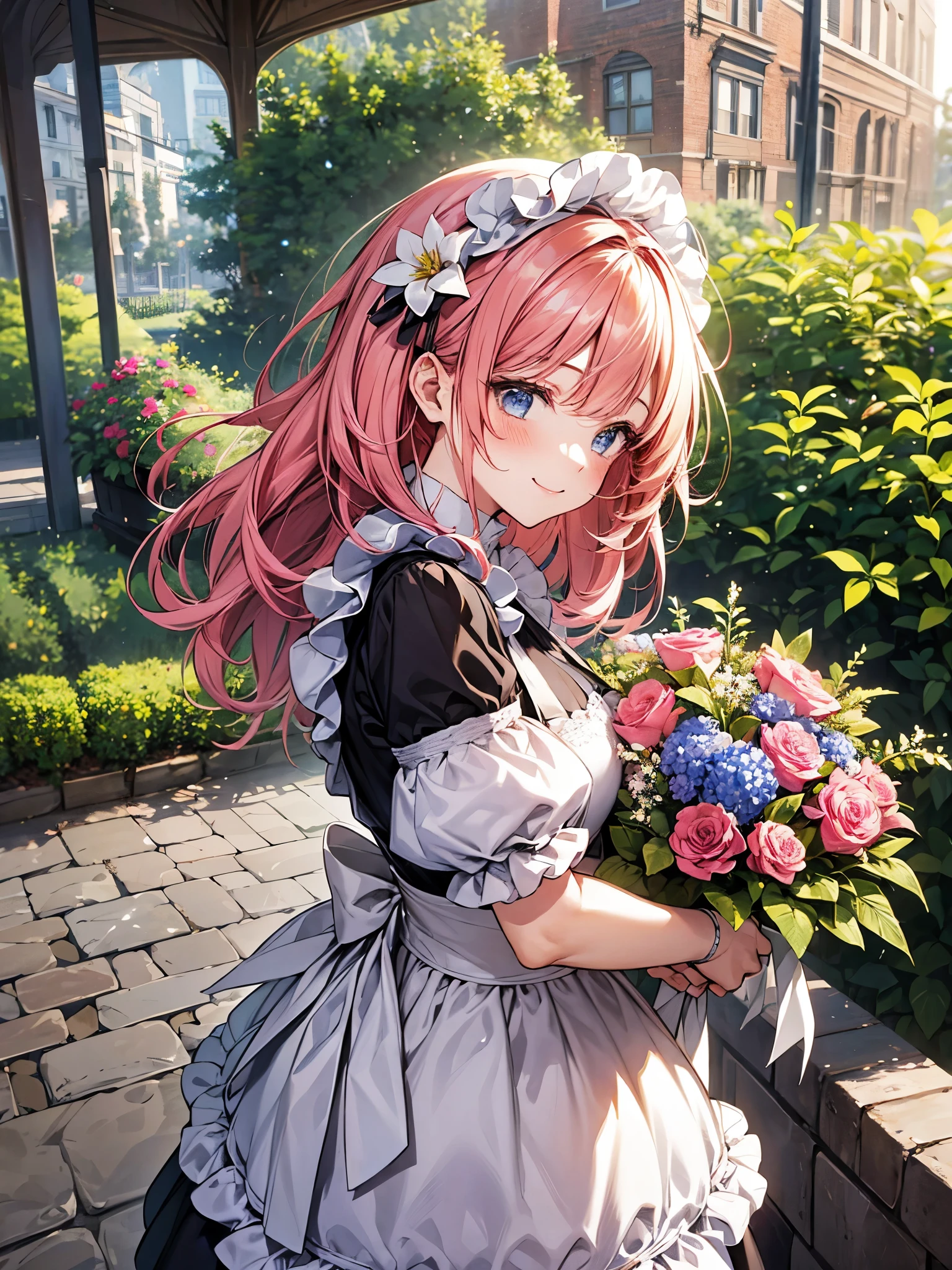 Close-up、Below's view:1.3,blur the background、perfect human body、one girl、victorian maid costume cosplay:1.3,mini skirt、frills、smile、blush、Flower garden,pick flowers:1.3、bouquet、Bright day、full of energy、blonde、pink hair、blue hair、red hair、