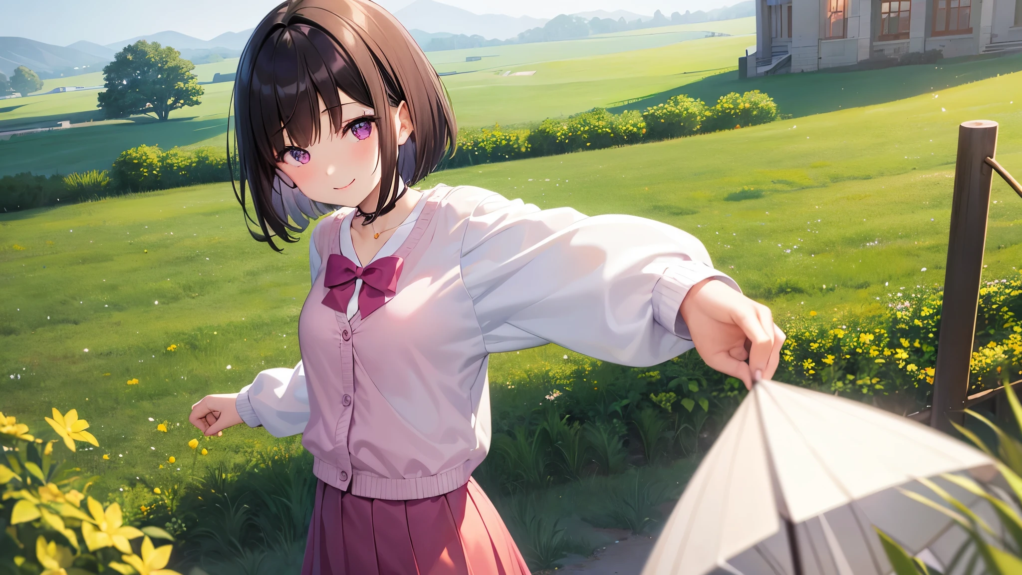 very cute girl、dark brown hair、bob cut、short hair、Violet eyes、smile、Crystal clear white skin、white blouse、pink cardigan、Red skirt、whole body、grassland。