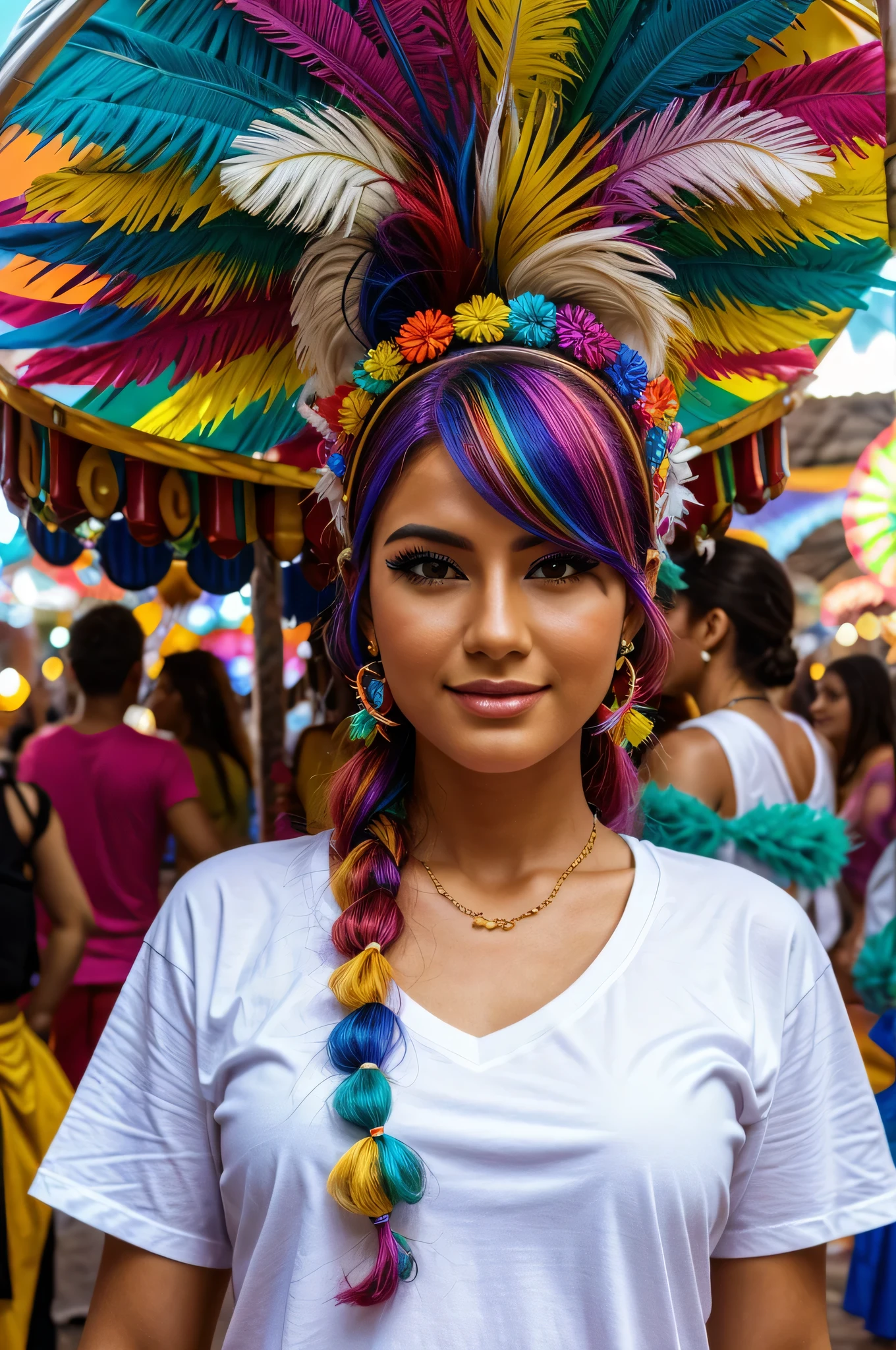 A woman dressed up with colorful hair accessories in a carnival scene in Brazil and wearing a white T-shirt. Hyperrealistic image.