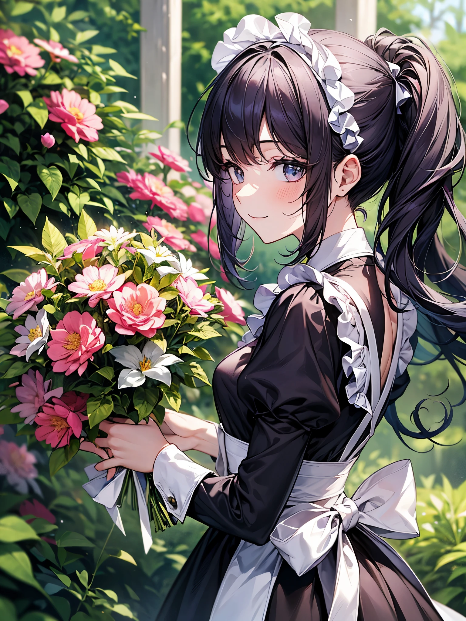 Close-up、side view:1.3,blur the background、perfect human body、one girl、victorian maid costume cosplay:1.3,mini skirt、frills、smile、blush、Flower garden,pick flowers:1.3、bouquet、Bright day、full of energy、、blue hair、red hair、