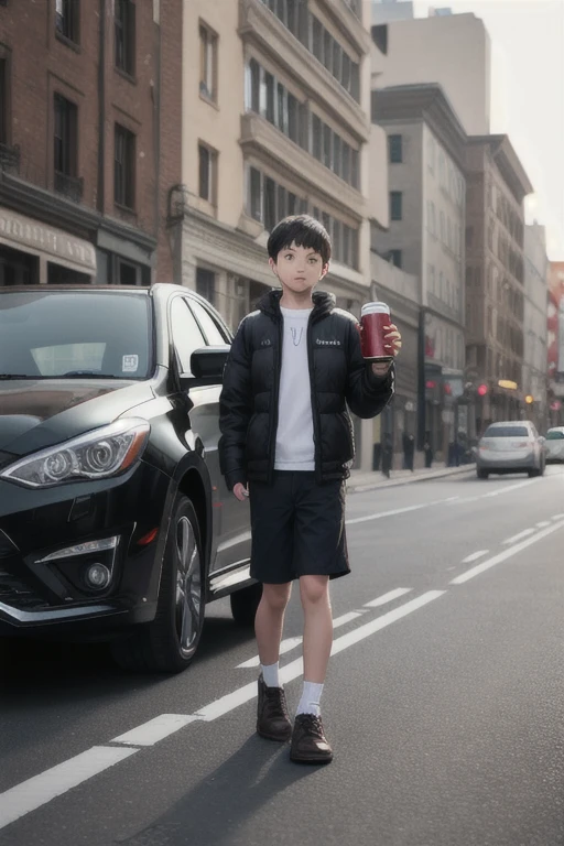A boy with a car drink red vine street futuris tic
Background realistic