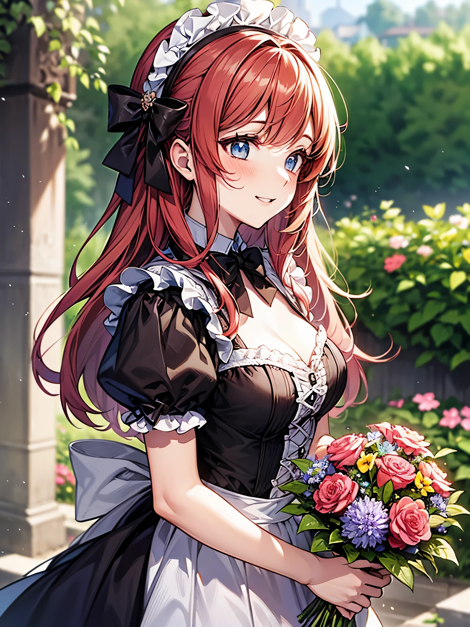 Close-up、side view:1.3,blur the background、perfect human body、one girl、victorian maid costume cosplay:1.3,mini skirt、frills、smile、blush、Flower garden,pick flowers:1.3、bouquet、Bright day、full of energy、red hair、