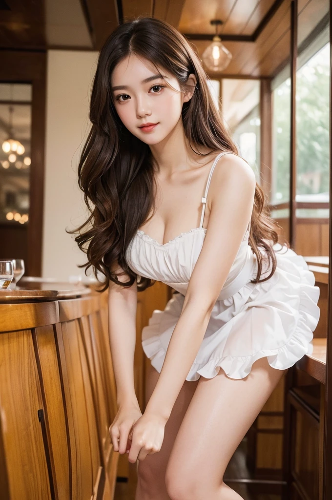 ((Best quality, 8k, Masterpiece :1.3)), 1girl,restaurant, Pretty woman with slender, Long Hair,Perm Hair,Brown Hair,Half Smile, maid costume,Ultra-detailed face,Leaning Forward, cute eyes, Double eyelid,Full Body Shot