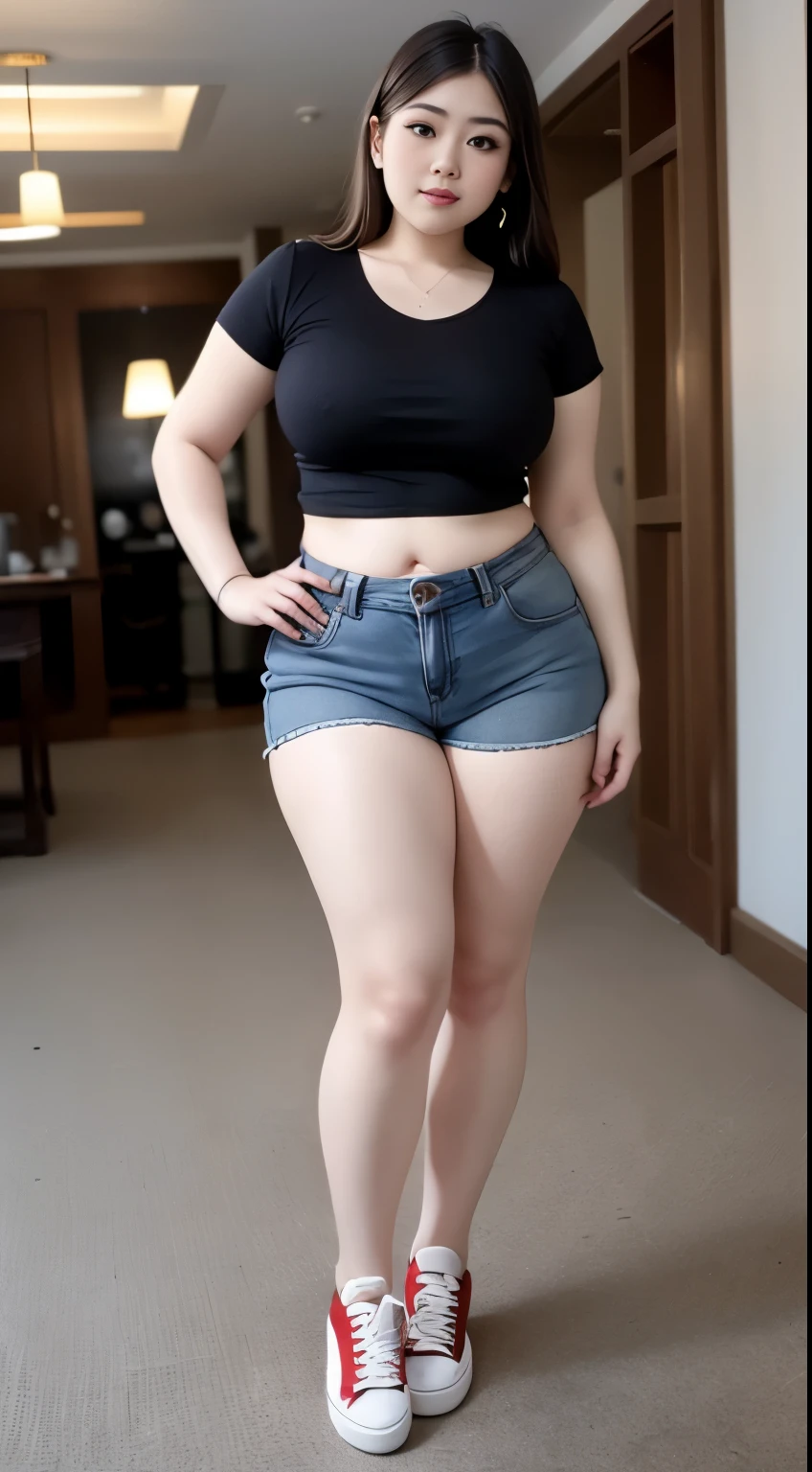 ((best quality)), ((masterpiece)), (detailed), perfect face, a woman in a black top and short thight jeans random posing for a picture, bbwchan, thick body, thicc, she has a jiggly fat round belly, korean girl, curvy model, beautiful thick female, thick, heonhwa choe, widest hips, skinny waist and thick hips, alluring plus sized model, thick thighs, nene tanaka body, nene tanaka face. Bbwchan, full body wide view, wearing a red sneaker