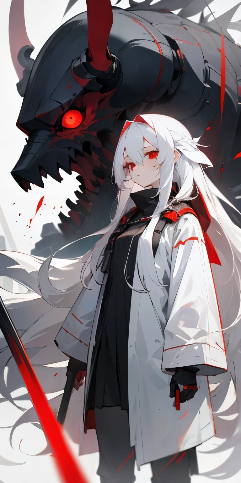 (masterpiece, best quality),1girl with long white hair and red eyes standing before a battlefield