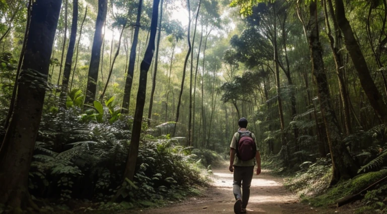 ผู้ชายกำลังWalking in the woodsทึบ, alone in the forest, Walking in the woods, standing in the forest, In the morning, light shines on the men.