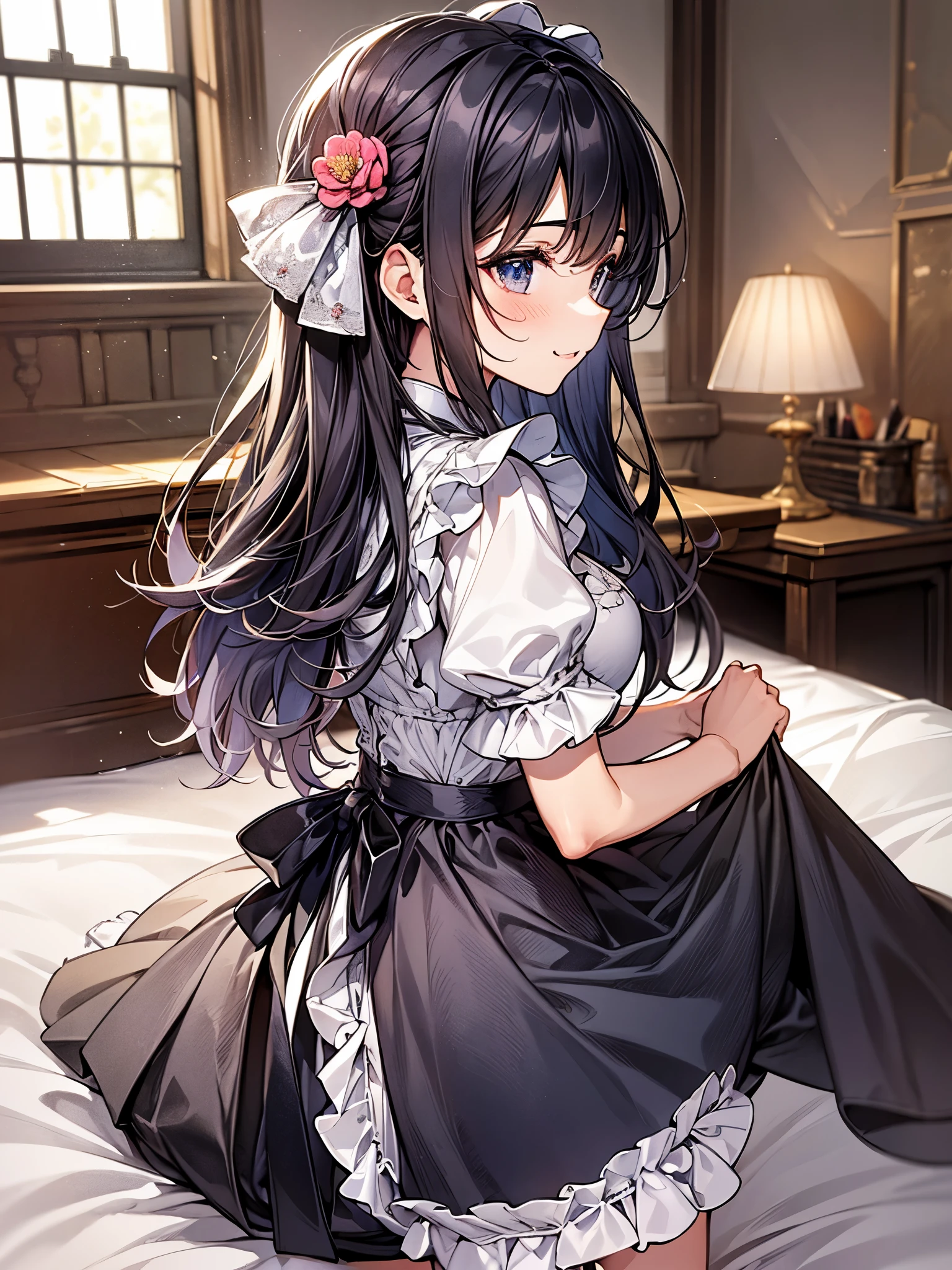 Close-up、side view:1.3,blur the background、perfect human body、victorian maid costume cosplay:1.3,mini skirt、frills、smile、blush、Bedroom、Bed making:1.3、flower、Bright day、full of energy、colorful hair color