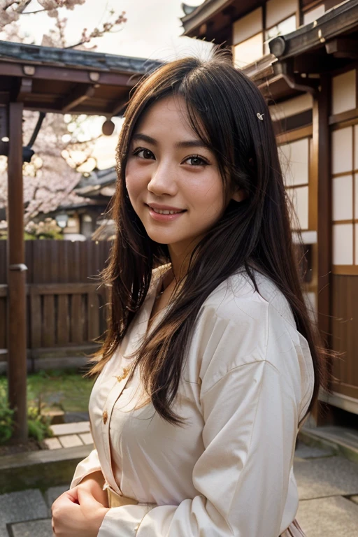 (photo realistic anime girl,long dark hair,Japan),(best quality,ultra-detailed,realistic:1.37),(colorful,vibrant),(soft, warm lighting),(traditional Japanese landscape),(cherry blossoms),(bright, expressive eyes),(detailed clothing),(peaceful atmosphere),(authentic cultural elements),(subtle, natural makeup),(dynamic pose),(lively background),(manga-inspired art style),(clean linework),(high resolution),(bokeh effect),(traditional Japanese architecture),(beautiful sunset),(atmospheric perspective),(anime artistry),(dewy skin),(playful smile)