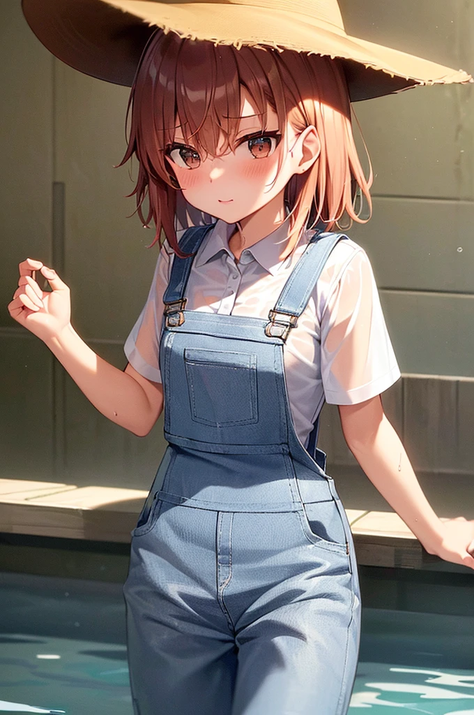 (((best quality))), ((ultra-detailed)), Misaka Mikoto, wet, collared shirt, (bib overalls), ((overalls trousers)), cowboy hat, wet body, wet hair, wet face, wet clothes, wet overalls, swimming pool