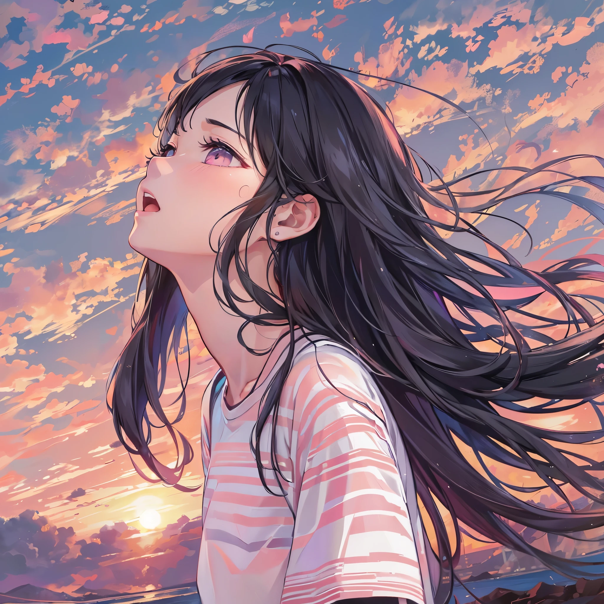 ( highres, ultra detailed, realistic, )(解剖学正确), 1 girl,long black hair, wind blow,pink white stripe T-shirt, black eyes,looking at the sky, sunset sky background, ultra - detailed, best quality, Detailed diagram, vectorized, 8K, Graphic design, vector lines, Full-HD,仰视角度