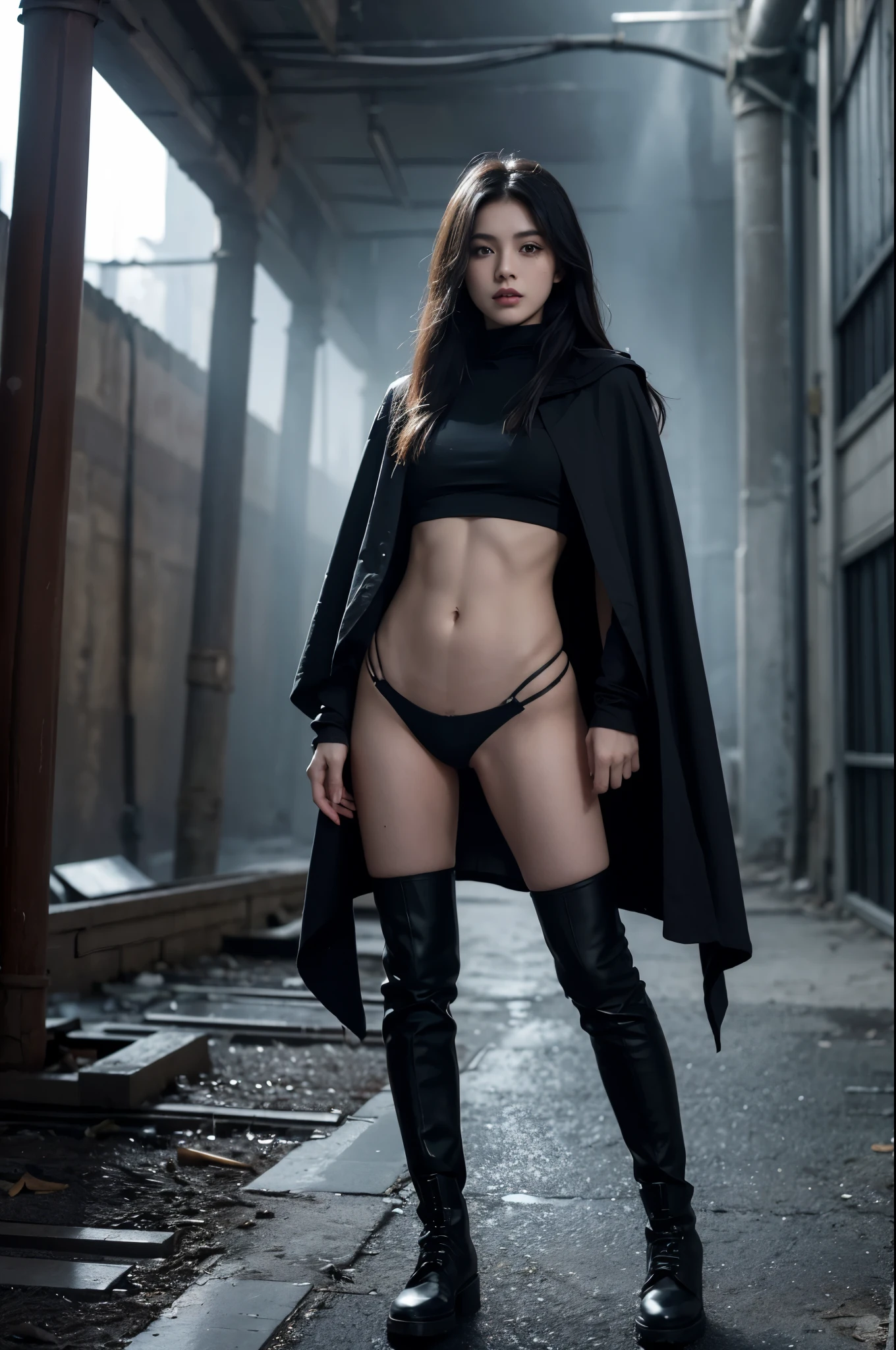 (best quality, masterpiece, cinematic, beautiful and aesthetic:1.3, dark, gloomy, dynamic angle, alone, front facing camera) {{1girl}},full body image, tiny body, {{piercing red eyes}}, nice eyelashes, A surreal full body photograph of a figure in dark cloak revealing, power pose, their face obscured by shadows, standing alone in a vast, crumbling dystopian decaying urban landscape, ready to take on the world, (gold) PP7 Special Issue pistol right hand, nice lips, nice nose, long black cloak, grey soft leggings, black combat boots, innocent, ego, k, flat chested, very small breasts, cute Lebanese female, cute Mexican female, petite, powering up, cute, very small rectangle body type (19 years old), HDR, very defined abs, thick eyebrows, athletic.