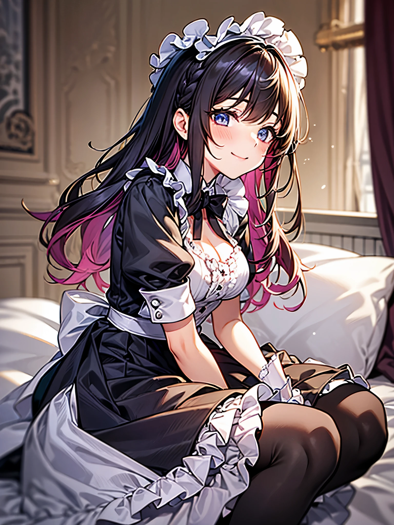 Close-up、side view:1.3,blur the background、perfect human body、victorian maid costume cosplay:1.3,mini skirt、frills、smile、blush、Bedroom、Bed making:1.3、flower、Bright day、full of energy、colorful hair color、Holding a sheet:1.3