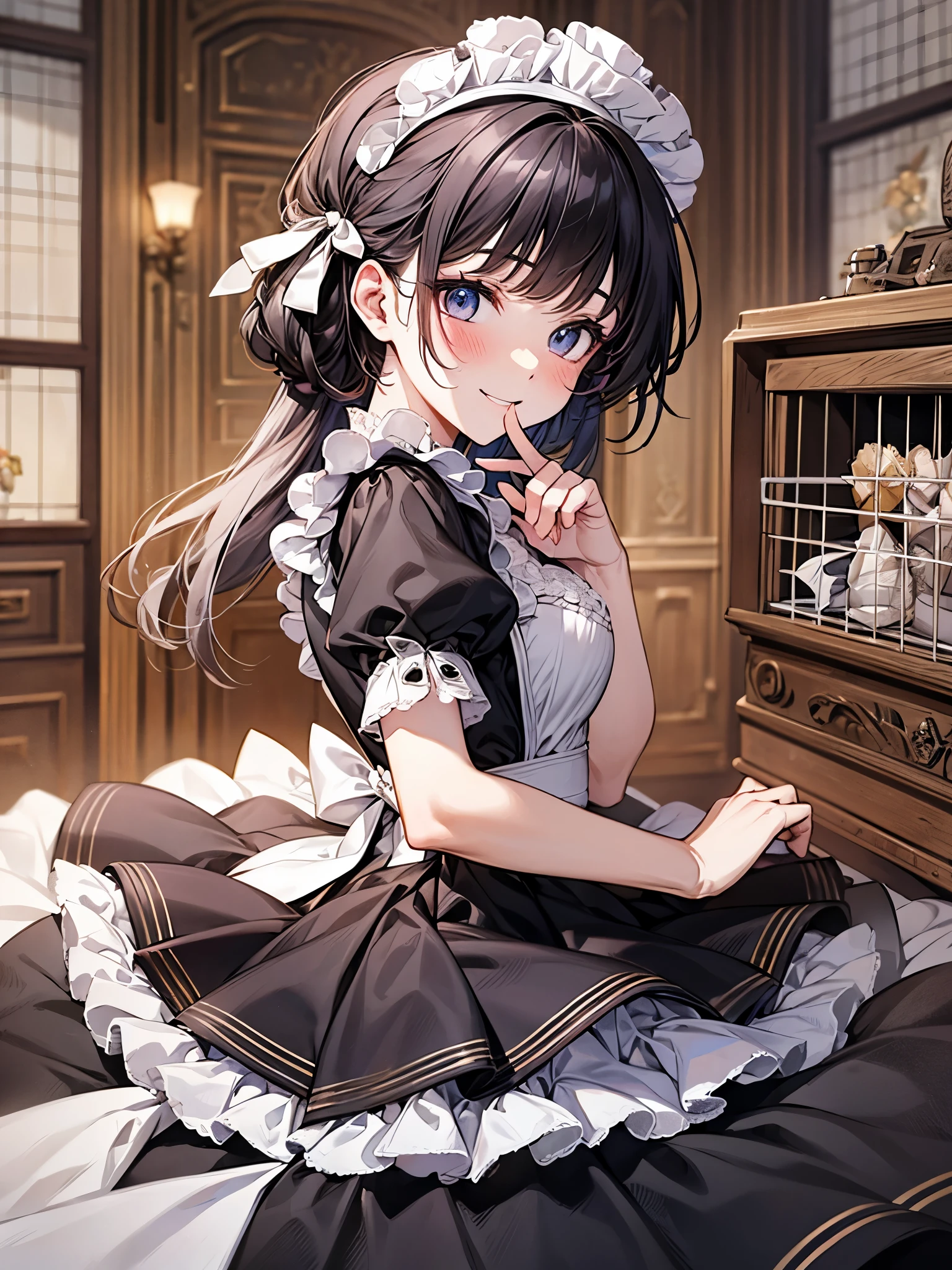 Close-up、side view:1.3,blur the background、perfect human body、victorian maid costume cosplay:1.3,mini skirt、frills、smile、blush、drying the sheets:1.3、dry the laundry、flower、Bright day、full of energy、colorful hair color、