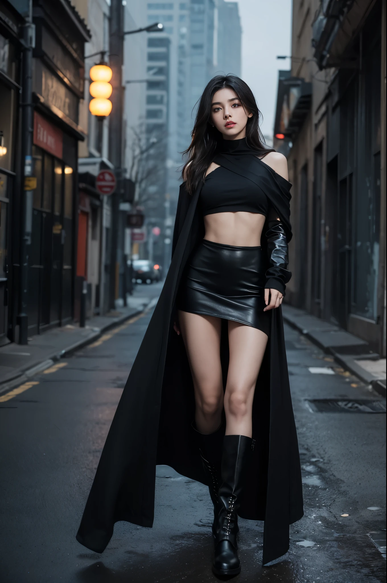 (best quality, masterpiece, cinematic, beautiful and aesthetic:1.3, dark, gloomy, dynamic angle, alone, front facing camera) {{1girl}},full body image, tiny body, {{piercing red eyes}}, nice eyelashes, A surreal full body photograph of a figure in dark cloak revealing, power pose, their face obscured by shadows, standing alone in a vast, crumbling dystopian decaying urban landscape, ready to take on the world, (gold) PP7 Special Issue pistol right hand, nice lips, nice nose, long black cloak, grey soft leggings, black combat boots, innocent, ego, k, flat chested, very small breasts, cute Lebanese female, cute Mexican female, petite, powering up, cute, very small rectangle body type (19 years old), HDR, very defined abs, thick eyebrows, athletic.