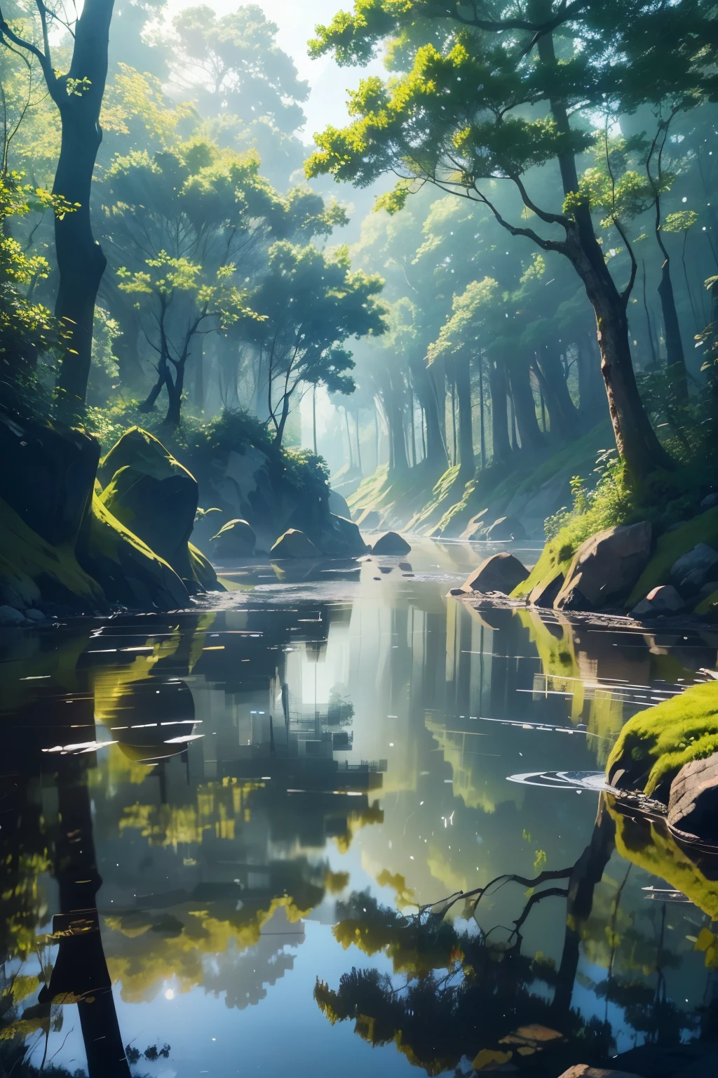 Amidst the tranquil allure of nature, a crystal-clear stream meanders through a serene landscape. Sunlight dances on the water's surface, creating shimmering ripples that reflect the surrounding foliage. The soothing melody of water flowing over rocks adds to the symphony of birdsong and rustling leaves. A gentle breeze caresses the surface of the water, distorting the reflection of the clouds and treetops above. Observe the intricate patterns of sunlight and shadow on the water as it interacts with the delicate ecosystem of the stream. The mesmerizing beauty of this watery landscape invites you to pause and revel in the wonders of the natural world