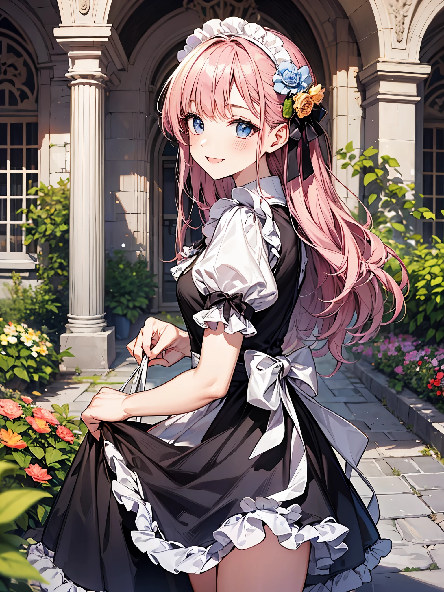 Close-up、side view:1.3,blur the background、perfect human body、victorian maid costume cosplay:1.3,mini skirt、frills、smile、blush、garden、drying the sheets:1.3、flower、Bright day、full of energy、colorful hair color、