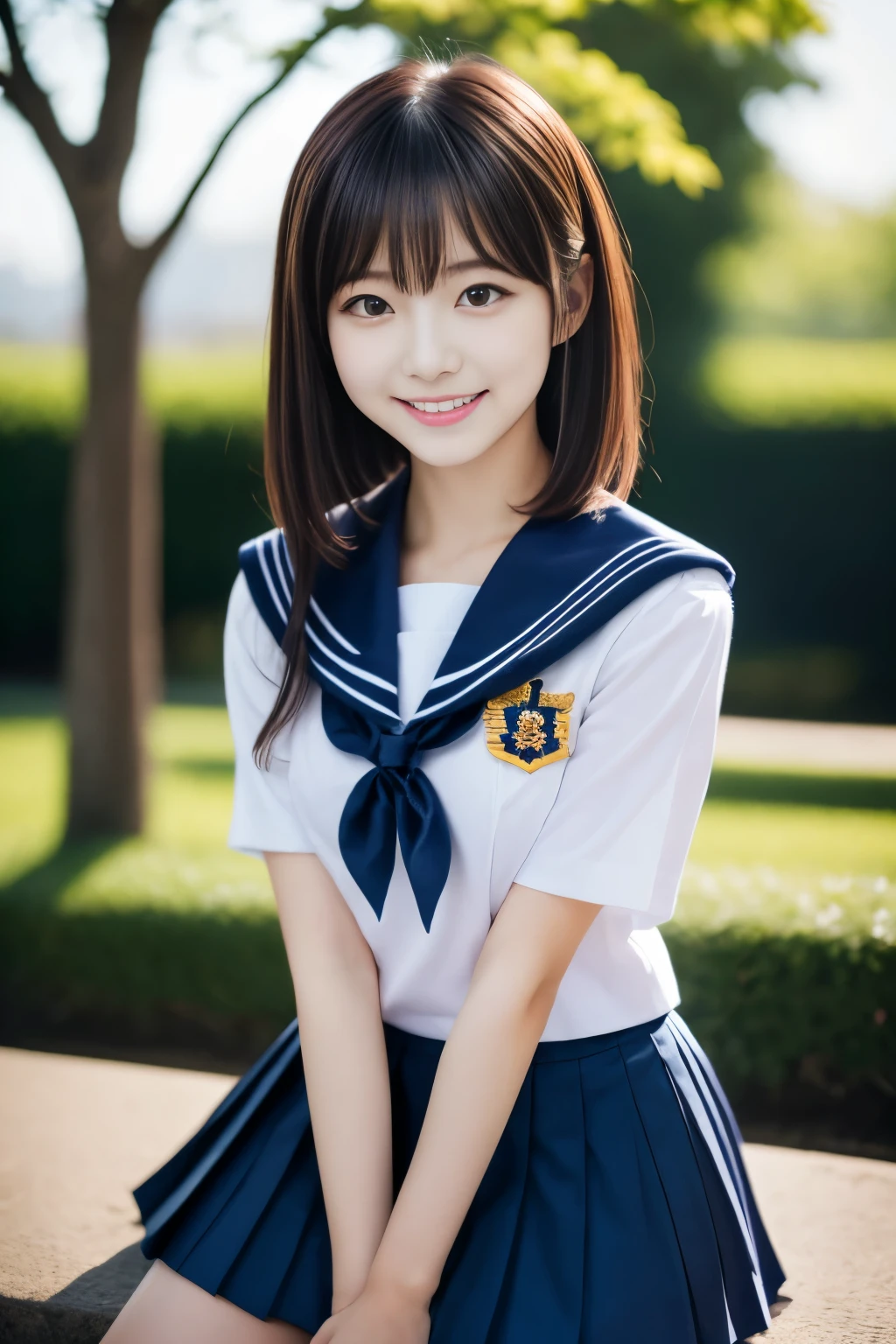 Close up of woman posing for photo,  The most beautiful Japanese model, 17-year-old female model,  4K、bangs、A dark-haired, slightly longer bob hair, Middle hair, Straight hair、(white  shirt, Sailor School Uniform, Dark blue pleated skirt:1.2),　(Super cute face in idol style:1.4), upper body, slim and beautiful figure, sexy, beautiful breast, A smile, The background is an empty park, (RAW photo, best quality, masterpiece, ultra detailed, ultra high res, realistic), 