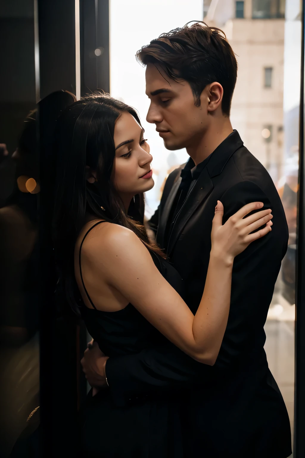 25-year-old blonde woman in a black dress hugging a 27-year-old man with dark hair, scenery behind a window at night reflecting city lights