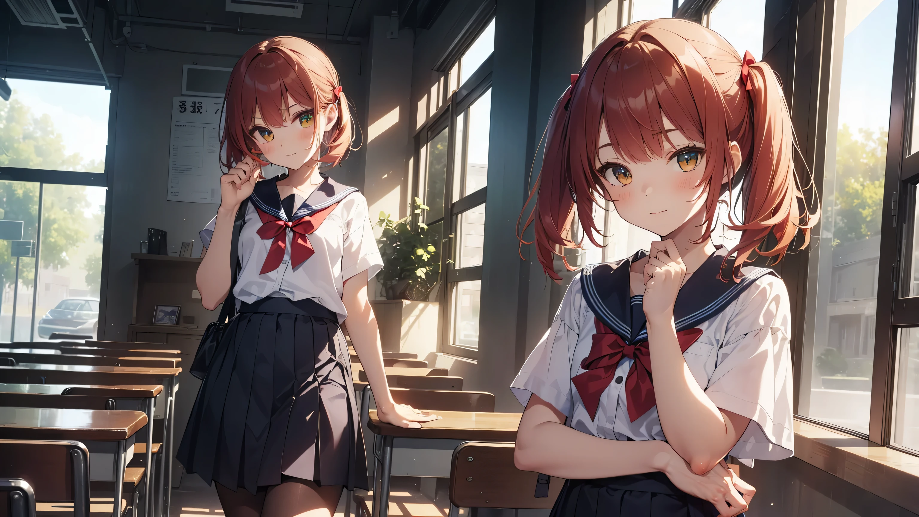 ((Calidad superior, ultra detallado, high resolution, CG extremadamente detallado, fondo de pantalla de unidad 8k, por artista famoso, perfect anatomy, super detailed skin, cinematic lighting, HD, retina, anatomically correct, 1080P)), (Por favor, draw a single happy girl walking in a school classroom. :1.3), ((1 chica)), (Solo, rostro,13歳:2.0), un estudiante de secundaria, Androgynous Amulet, (pelo medio, ((pelo rojo completo)) ((pelirrojo)), coletas, flequillo recto, with a little bow in her hair) Extremidades completas, dedos completos, ((Dedos perfectos)), pecho plano, Cuerpo , Small rear, ingle, Hermosos ojos llenos de oro amarillo detallados., ojos perfectos, uniforme escolar marinero blanco y azul ((la blusa es blanca, la falda es azul, lazo rojo en la blusa, Cuello marinero azul, mangas cortas:)) (Detailed lighting), (antecedentes detallados), (en la zona escolar), vista de cuerpo completo, de pie, piernas, zapatos uwabaki. lindo, chica soltera kawaii (una chica), Toma de cuerpo completo. El fondo es la escuela., cuerpo delantero, I want to see her walking and see her in a vista de cuerpo completo, Medias negras hasta la rodilla, ((mano izquierda arriba tocando su cabello, mano derecha abajo))