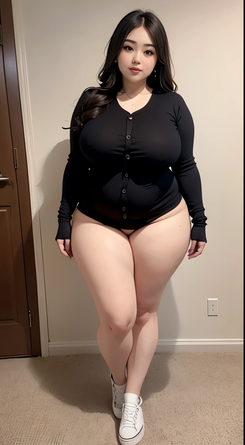 ((best quality)), ((masterpiece)), (detailed), perfect face, a woman in a dark-blue cardigan and long skirt random posing for a picture, bbwchan, thick body, thicc, she has a jiggly fat round belly, korean girl, curvy model, beautiful thick female, thick, heonhwa choe, widest hips, skinny waist and thick hips, alluring plus sized model, thick thighs, nene tanaka body, nene tanaka face. Bbwchan, full body view, wearing a red sneaker, small breast, woman in proportions body, big eye, big cheeks 