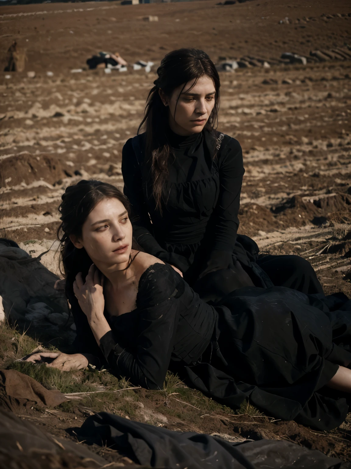 ((Jeremy Lipking style)) ((Nicola Samori style)) woman buried in the ground, two very ugly sad women, ((long black dress)), front, sky, field)), hair up, (oil on linen), (photo from nikon d800, 50mm
lens), focus, ((two women with legs buried in the ground))