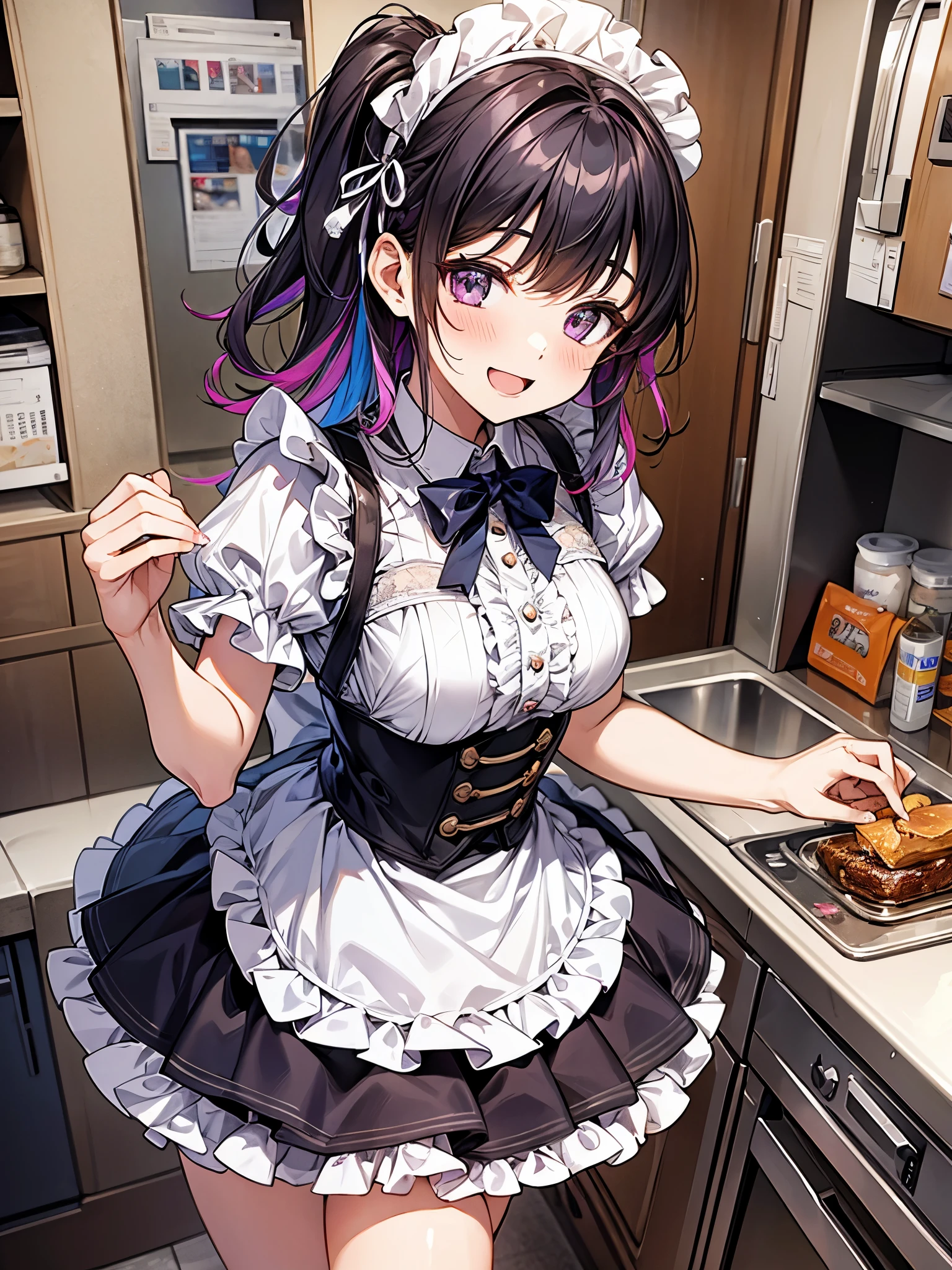 perfect human body、victorian maid costume cosplay:1.3,mini skirt、frills、smile、blush、20-year-old、Cooking in the kitchen of a cheap Japanese apartment、Bright day、Expression of sparkling light、Dancing petals、colorful hair color