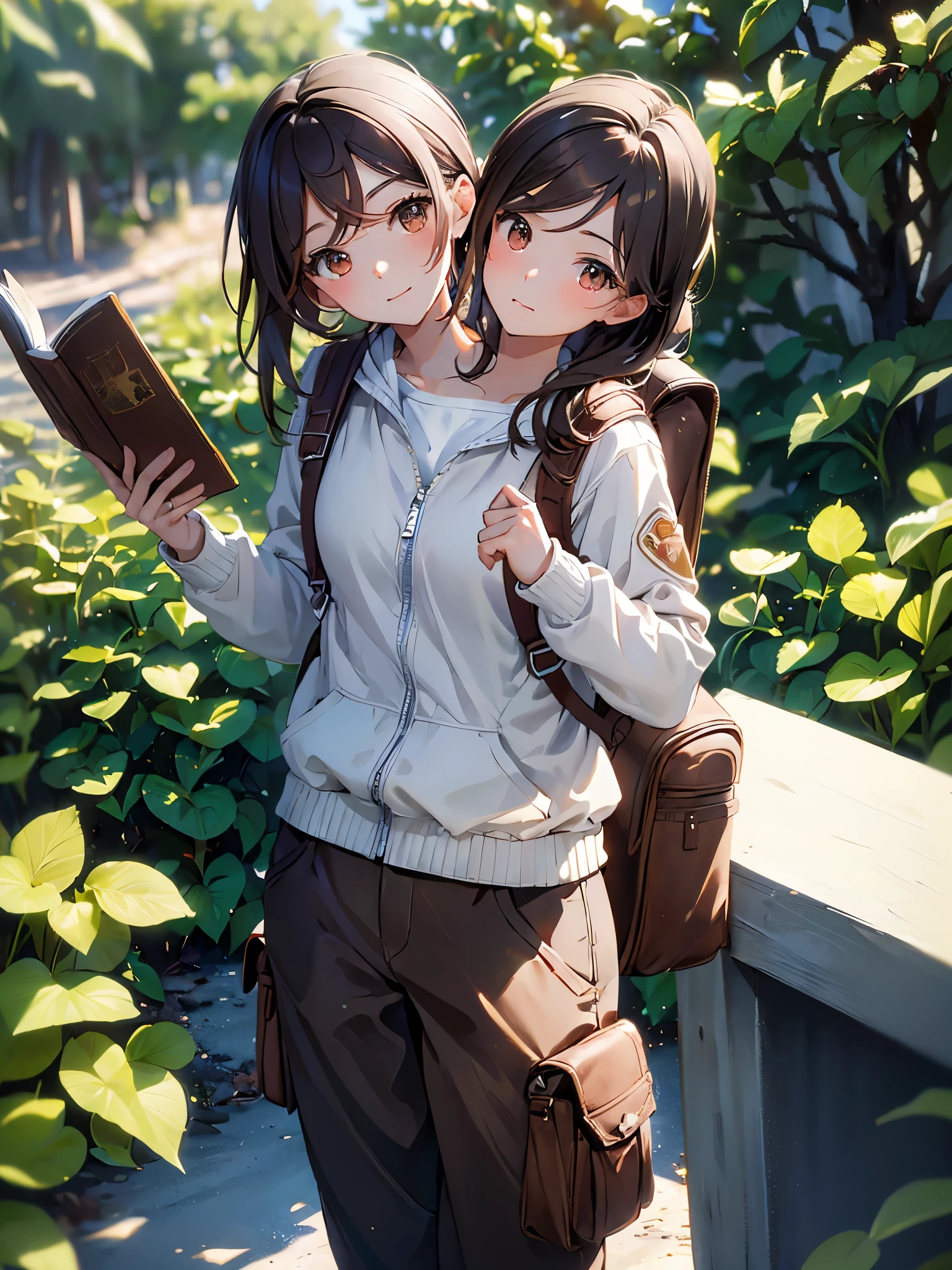 (masterpiece, best quality), best resolution, (2heads:1.5), 1girl, brown hair, brown eyes, white jacket, brown hiking pants, backpack on back, reading a map, dirt road
